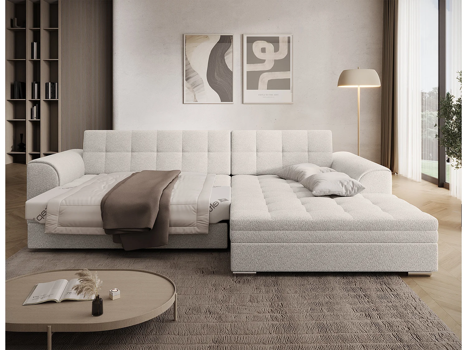 Canapé-Lit Moderne en Forme de L Sorento avec Mécanisme Dauphin, Tissu Beige, 296x194 cm