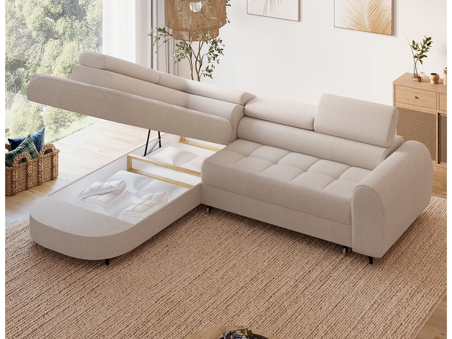 Ecksofa Vesteria mit Schlaffunktion und Bettkasten – Modernes Design, verstellbare Kopfstützen und hoher Sitzkomfort