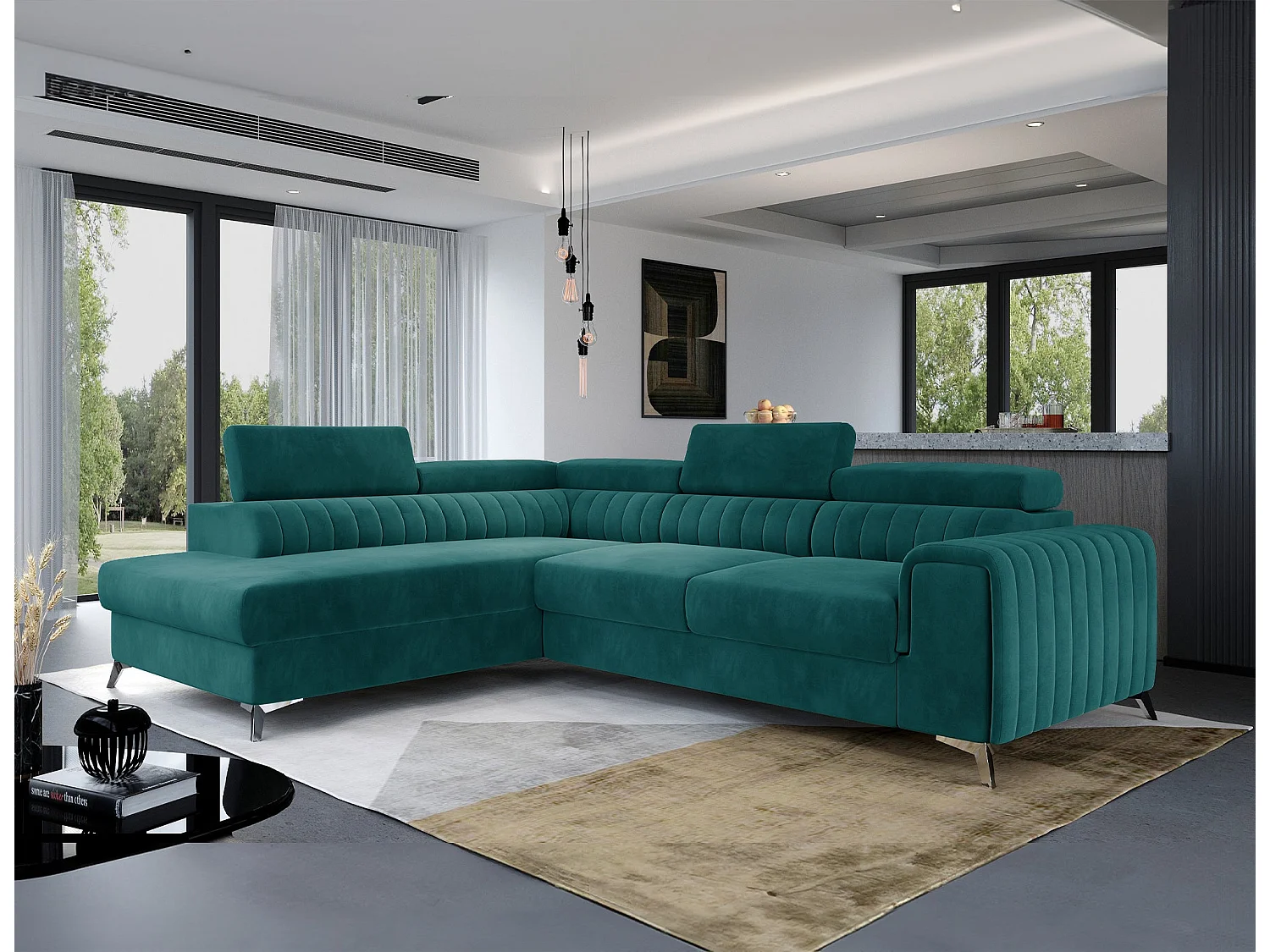 Moderno divano letto a L Laurence con poggiatesta regolabili e contenitore - 278 x 205 cm