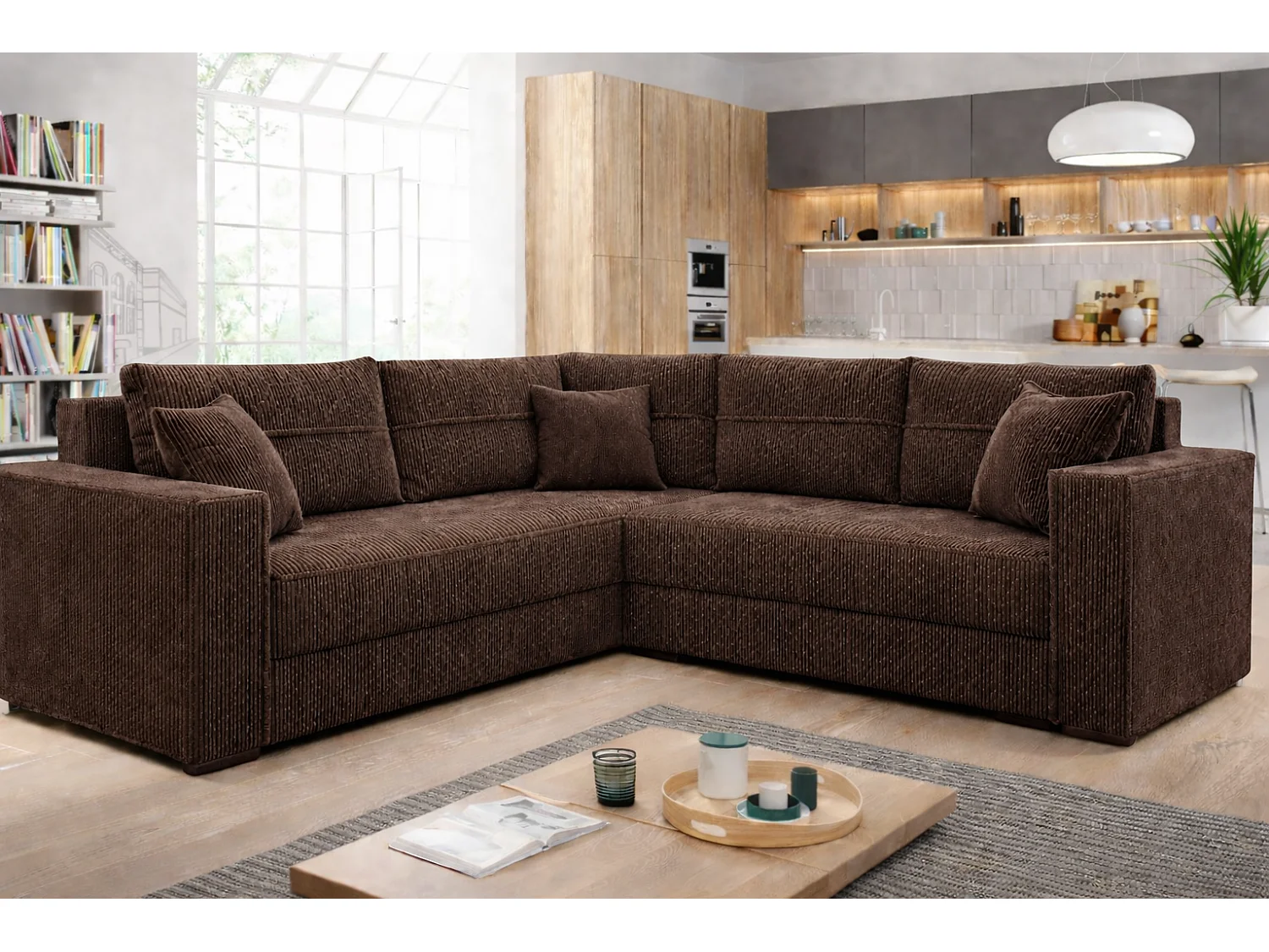 Couchgarnitur PARIS – Wohnlandschaft L-Form mit Schlaffunktion & Bettkasten Flauschiger Cord Stoff POSO Braun