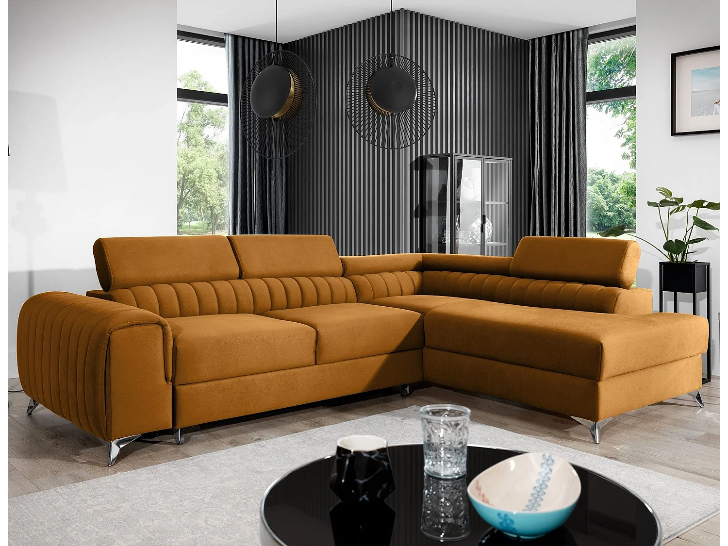 Moderno Divano Letto a L Giallo con Poggiatesta Regolabili e Contenitore - Laurence 278 x 205 cm