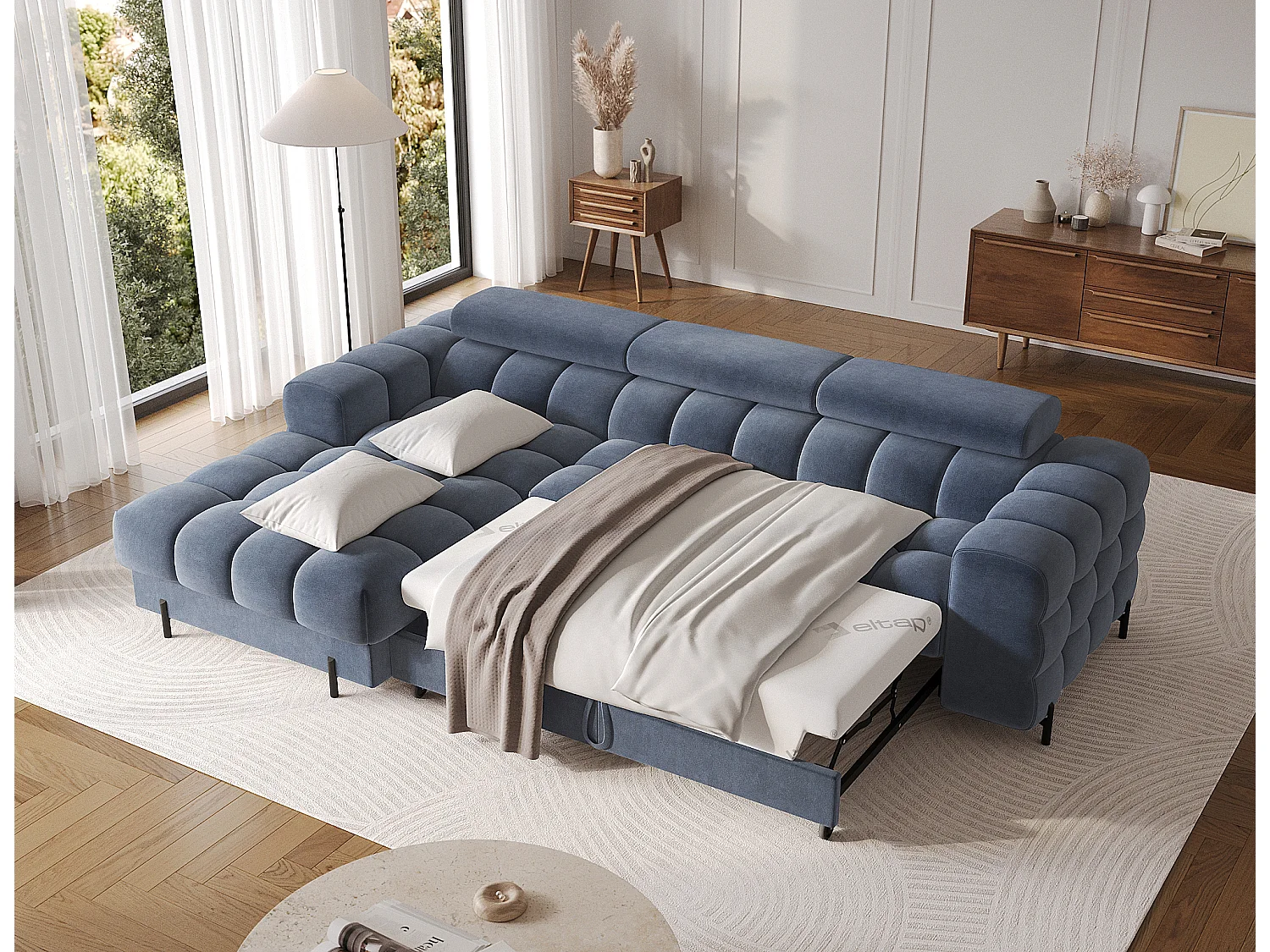 Canapé-lit Premium moderne en forme de L FELRO avec appuie-têtes réglables, rangement et fonction de couchage - Tissu bleu