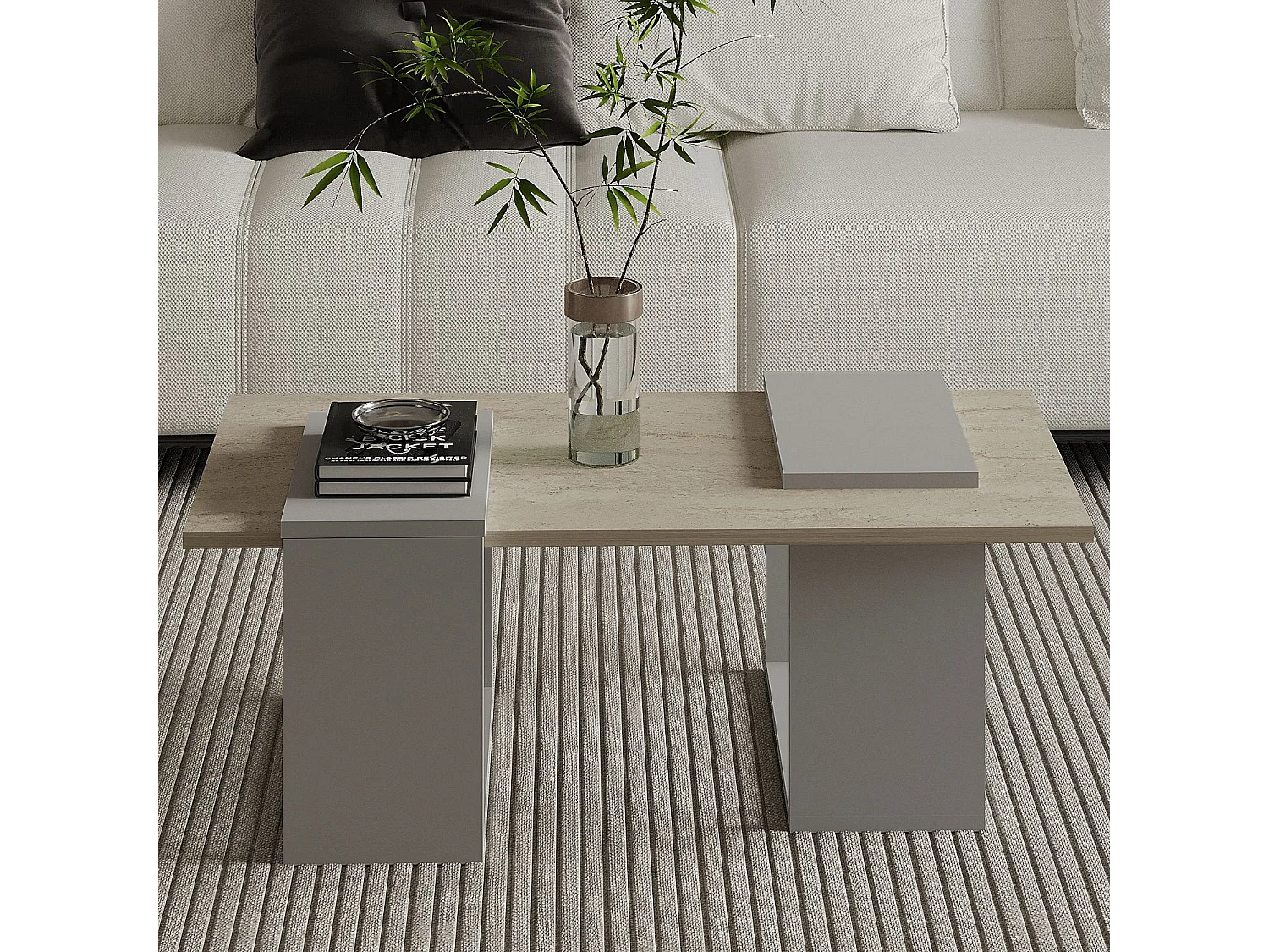 Table Basse en Bois Matris - Gris et Travertin - Qualité Artisanale - 90 x 46 x 37 cm