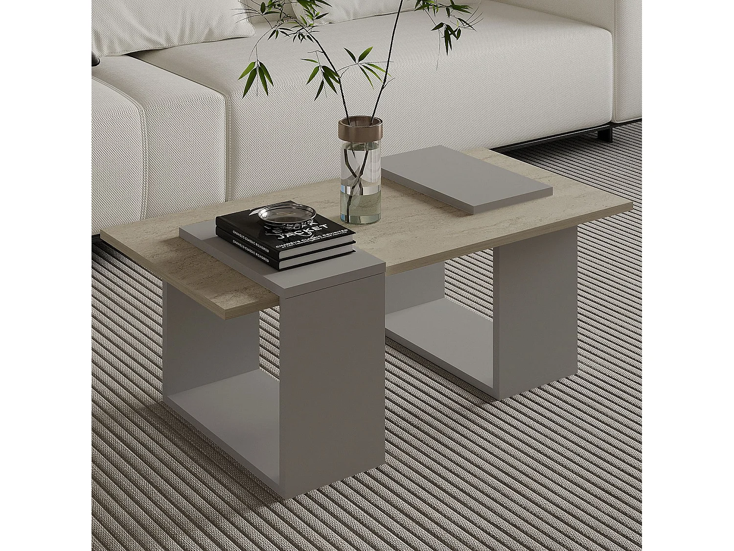 Table Basse en Bois Matris - Gris et Travertin - Qualité Artisanale - 90 x 46 x 37 cm