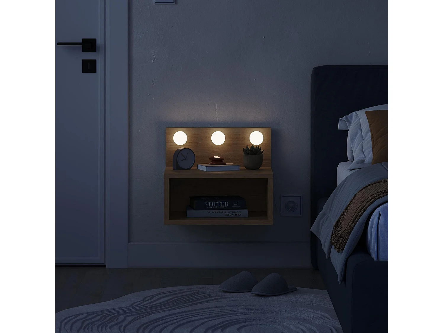 Treo Trä Sängbord med Integrerad Lampa - Beige - Modern Design - LED-belysning