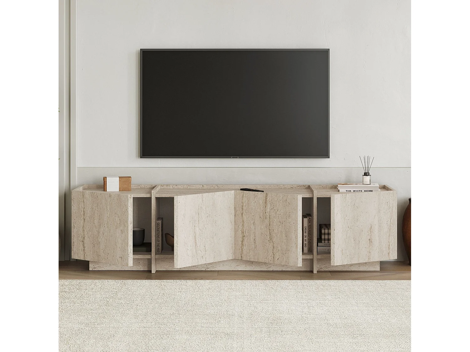 "Lowen" Trä TV-bänk - Travertin - Modern Design - 180 x 35 x 46 cm