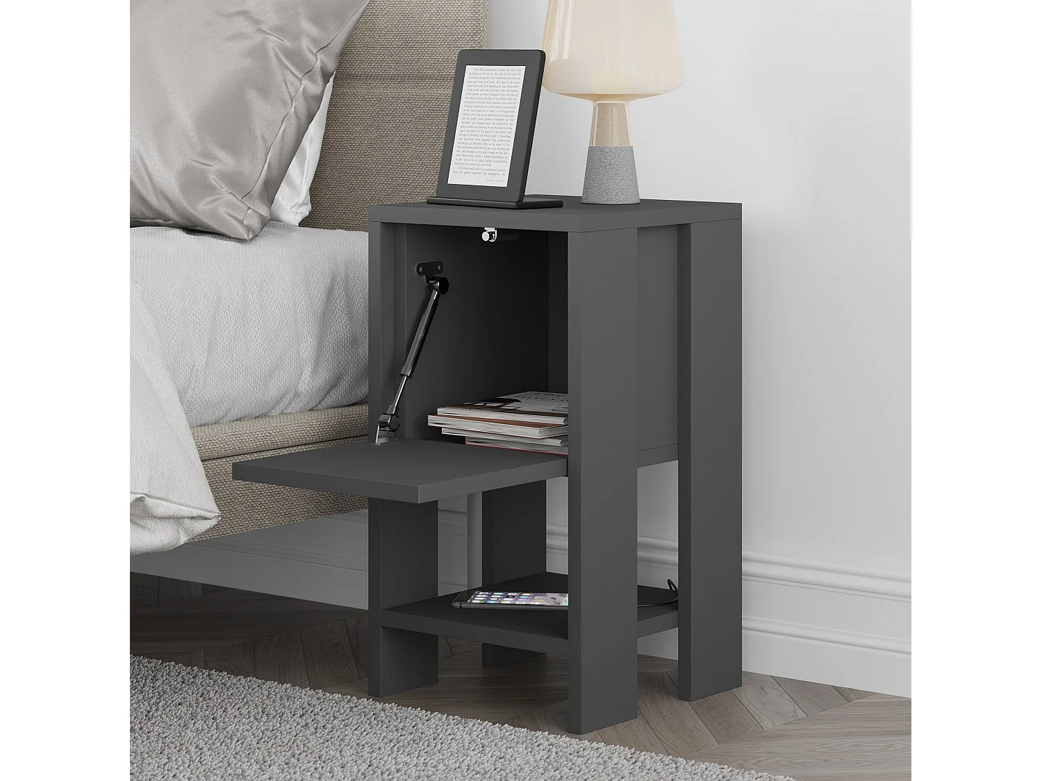 Houten nachtkastje "Ema" antraciet 30x30x55 cm met draaibare lade, modern design en melamine afwerking