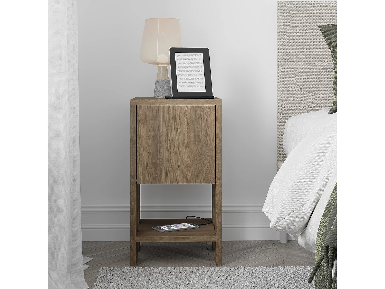 Houten nachtkastje "Ema" bruin Hitit 30x30x55 cm met druk-open lade, modern design en melamine afwerking