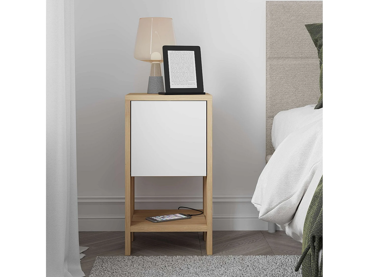 Nachtkastje "Ema" 30x30x55 cm van melaminehout eiken saffier en wit, modern design met drukdeuren