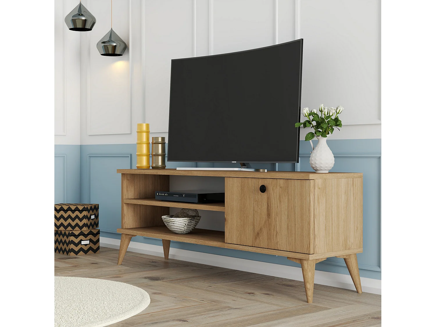 Retro TV-bänk i trä - Beige, 120 x 29 x 44 cm, 2 Hyllor, 1 Dörr