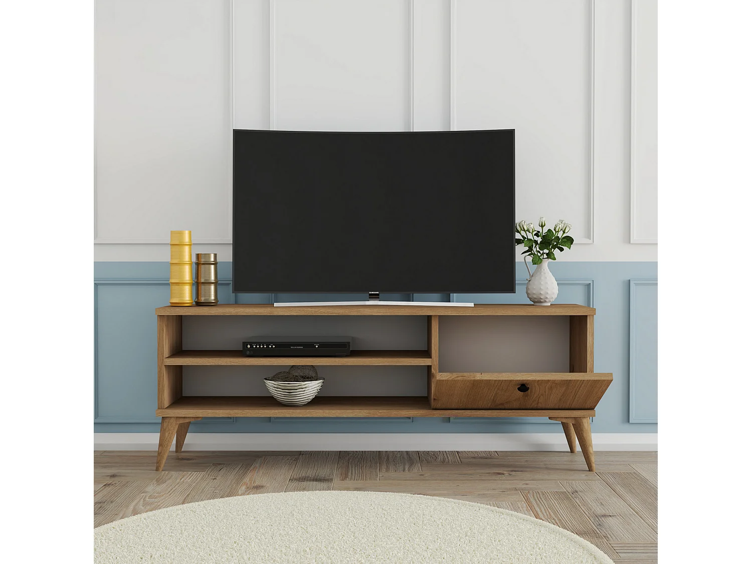 Retro TV-bänk i trä - Beige, 120 x 29 x 44 cm, 2 Hyllor, 1 Dörr