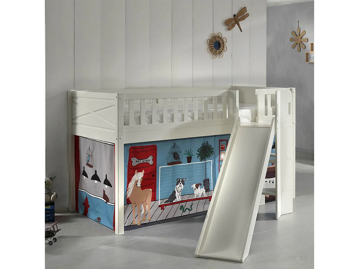 Lit Enfant Toboggan & Tente "Scott Pet Shop" 90x200cm Blanc