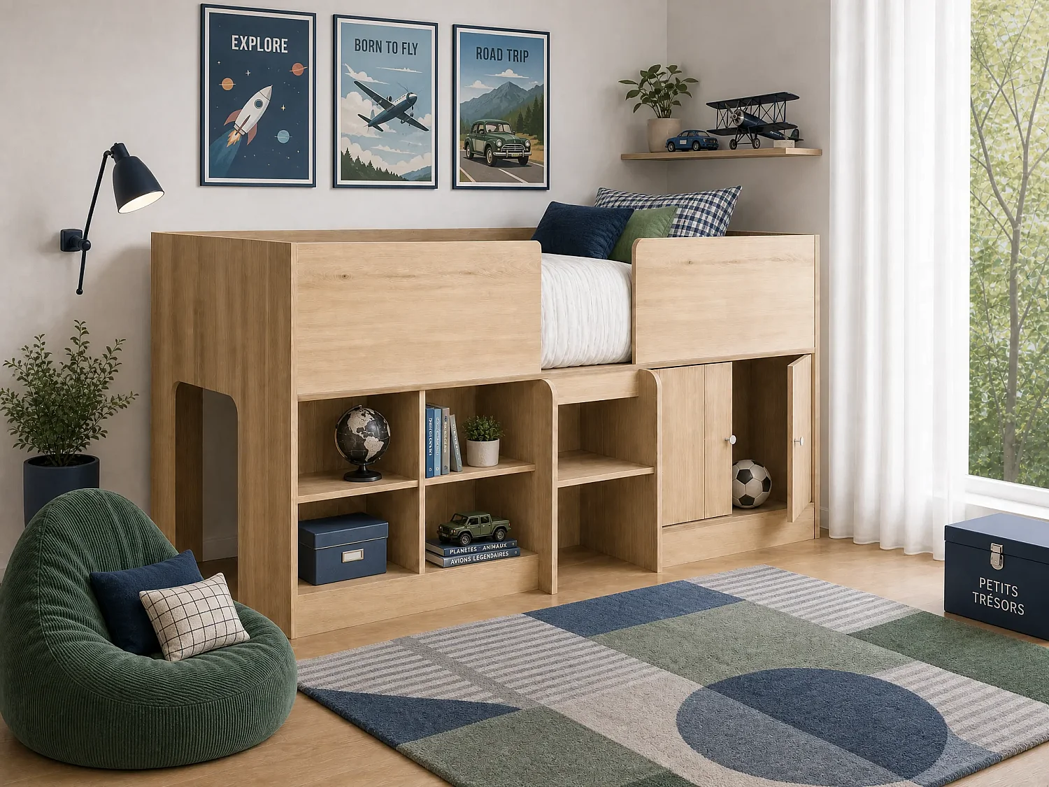 Lit mi-hauteur 90 x 190 cm avec rangements - Coloris : Naturel + Matelas - BOUTANIO