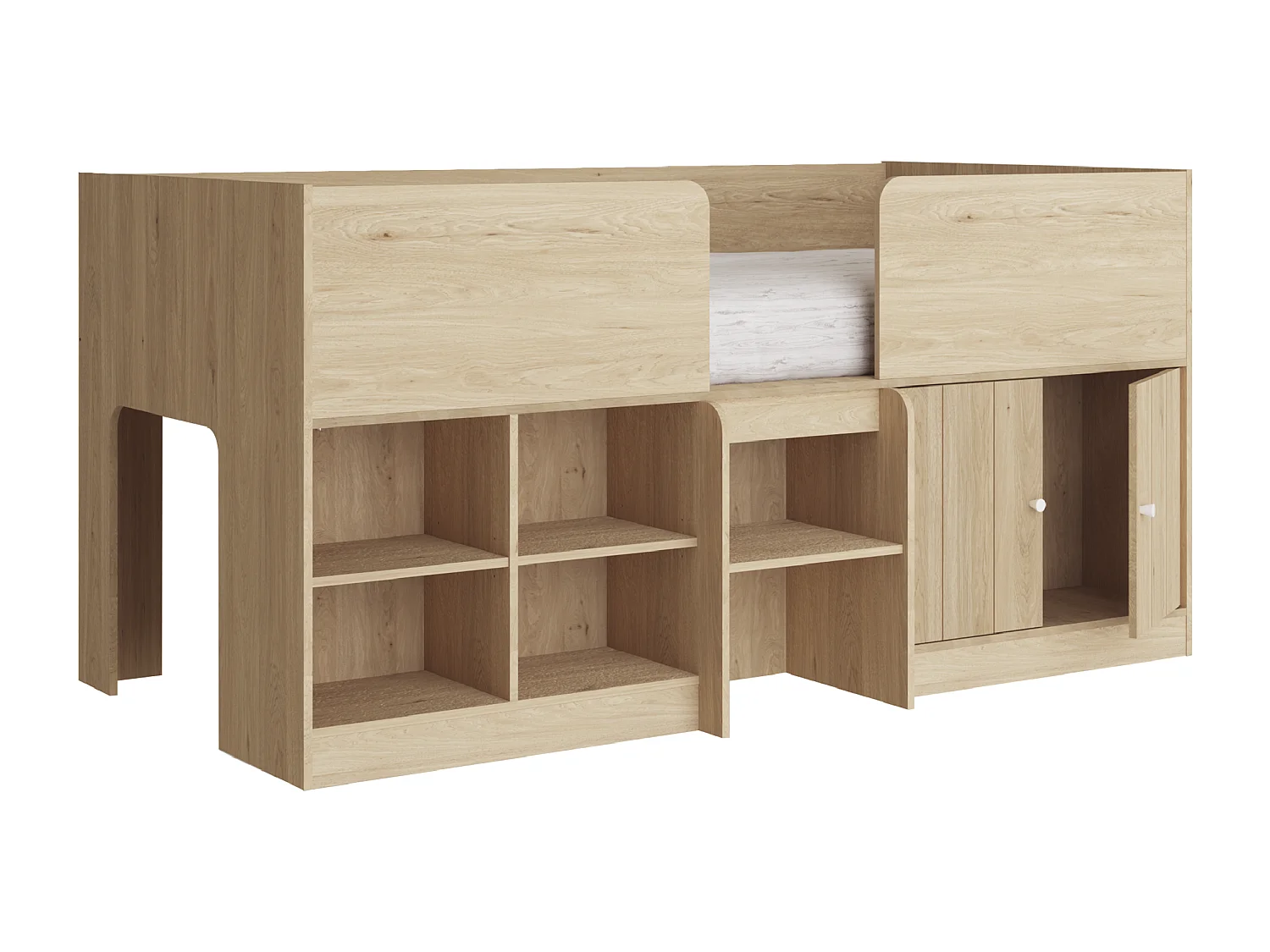 Lit mi-hauteur 90 x 190 cm avec rangements - Coloris : Naturel + Matelas - BOUTANIO