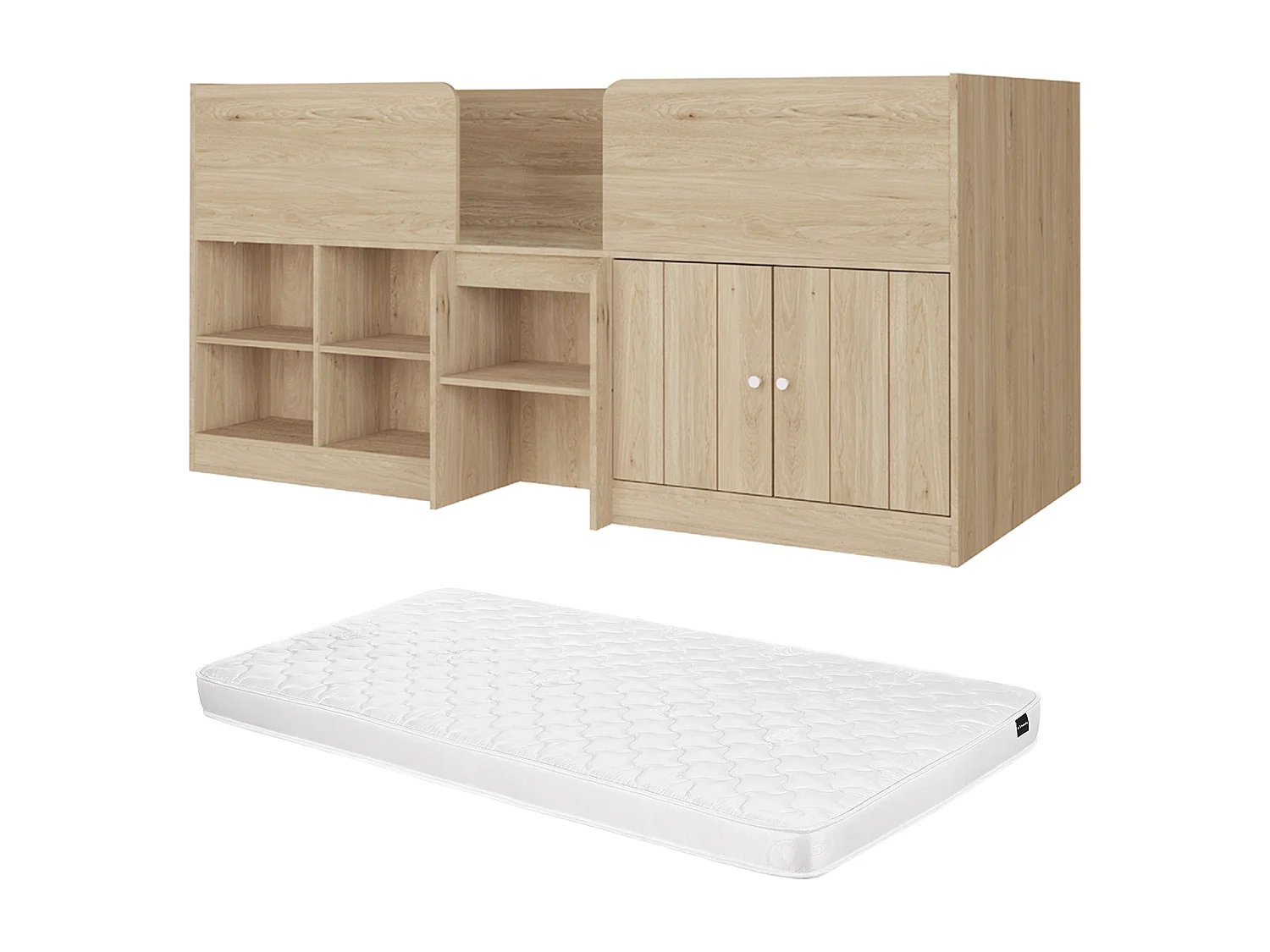 Lit mi-hauteur 90 x 190 cm avec rangements - Coloris : Naturel + Matelas - BOUTANIO