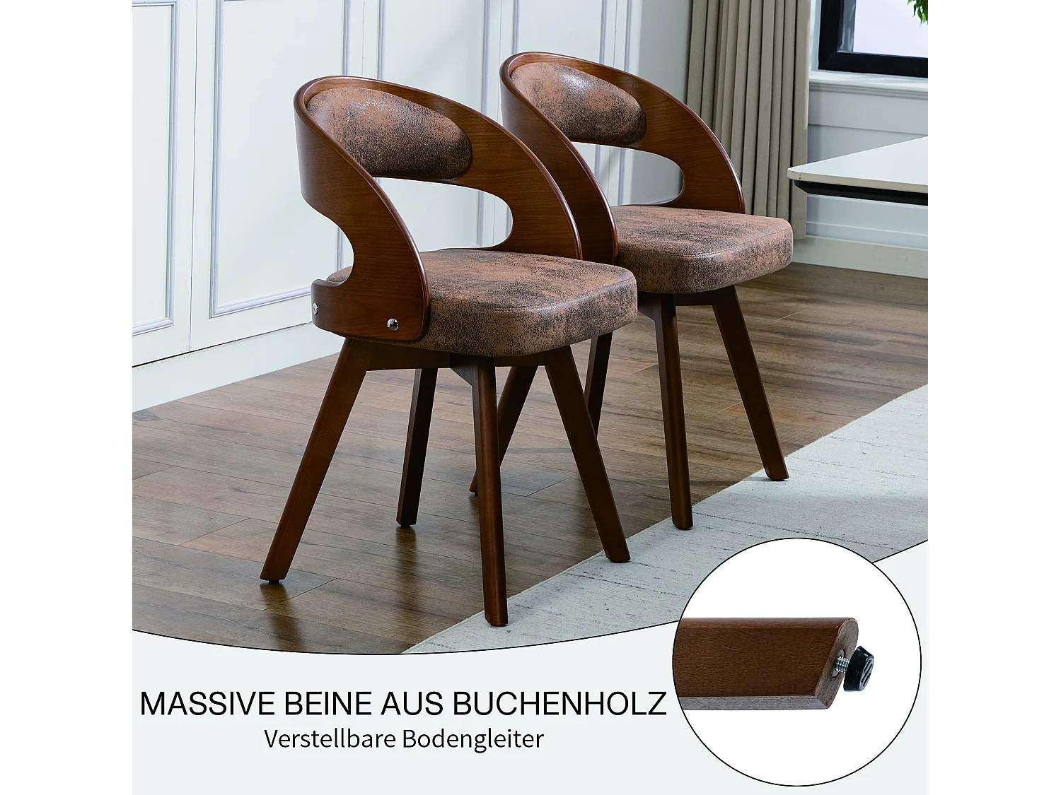 Esszimmerstuhl 2er Set Küchenstuhl mit Drehbarer Sitzfläche, Verstellbaren Holzbeinen, Polsterstuhl mit Geschwungener Rückenlehne