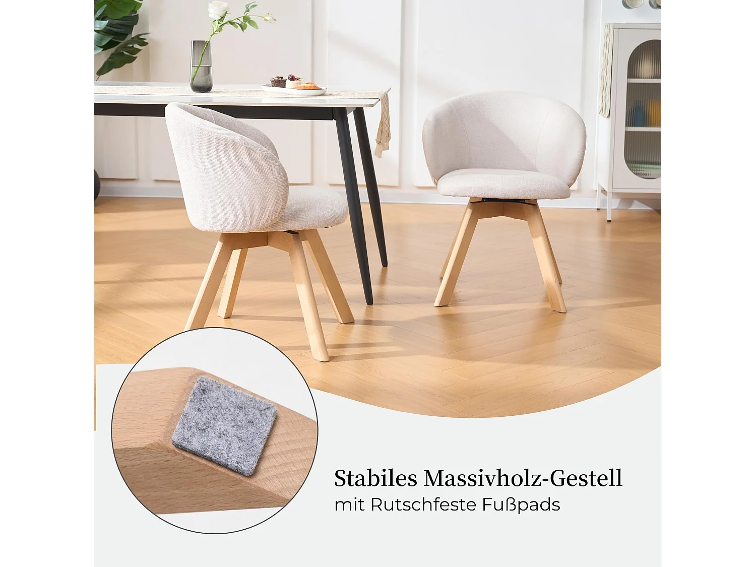 Esszimmerstühle drehbar 2er Set Küchenstühle mit Buchenholzbeinen, Rutschfesten Fußpads, Moderne Stoff Polsterstühle mit halbhoher, halb-umfassender Rückenlehne