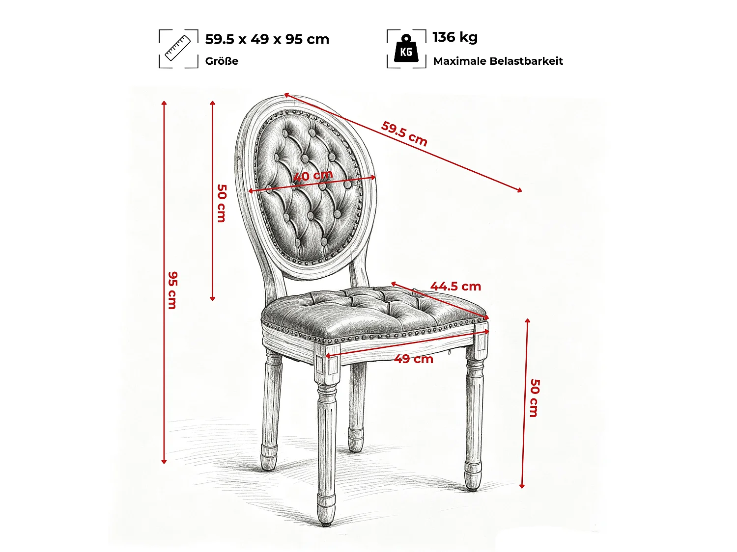 Ensemble de 2 chaises de cuisine rétro avec capitonnage à boutons, rivets décoratifs et cadre en bois massif, style campagnard français