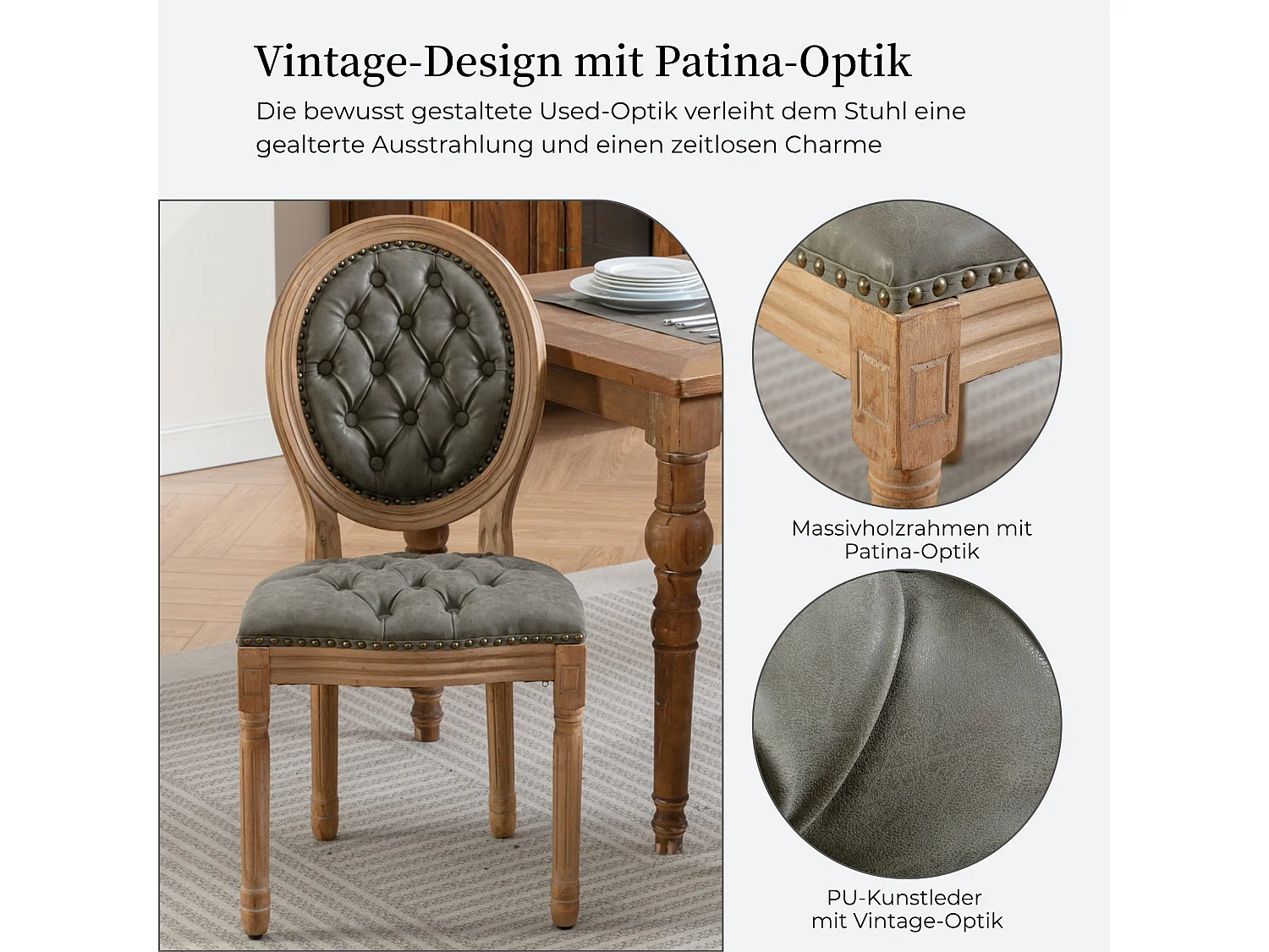 Ensemble de 2 chaises de cuisine rétro avec capitonnage à boutons, rivets décoratifs et cadre en bois massif, style campagnard français