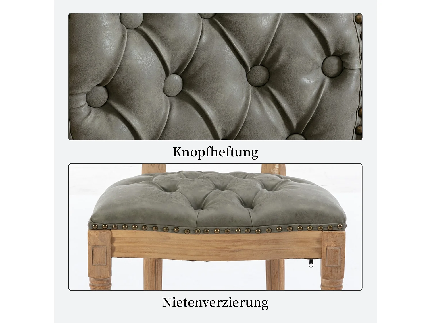 Ensemble de 2 chaises de cuisine rétro avec capitonnage à boutons, rivets décoratifs et cadre en bois massif, style campagnard français