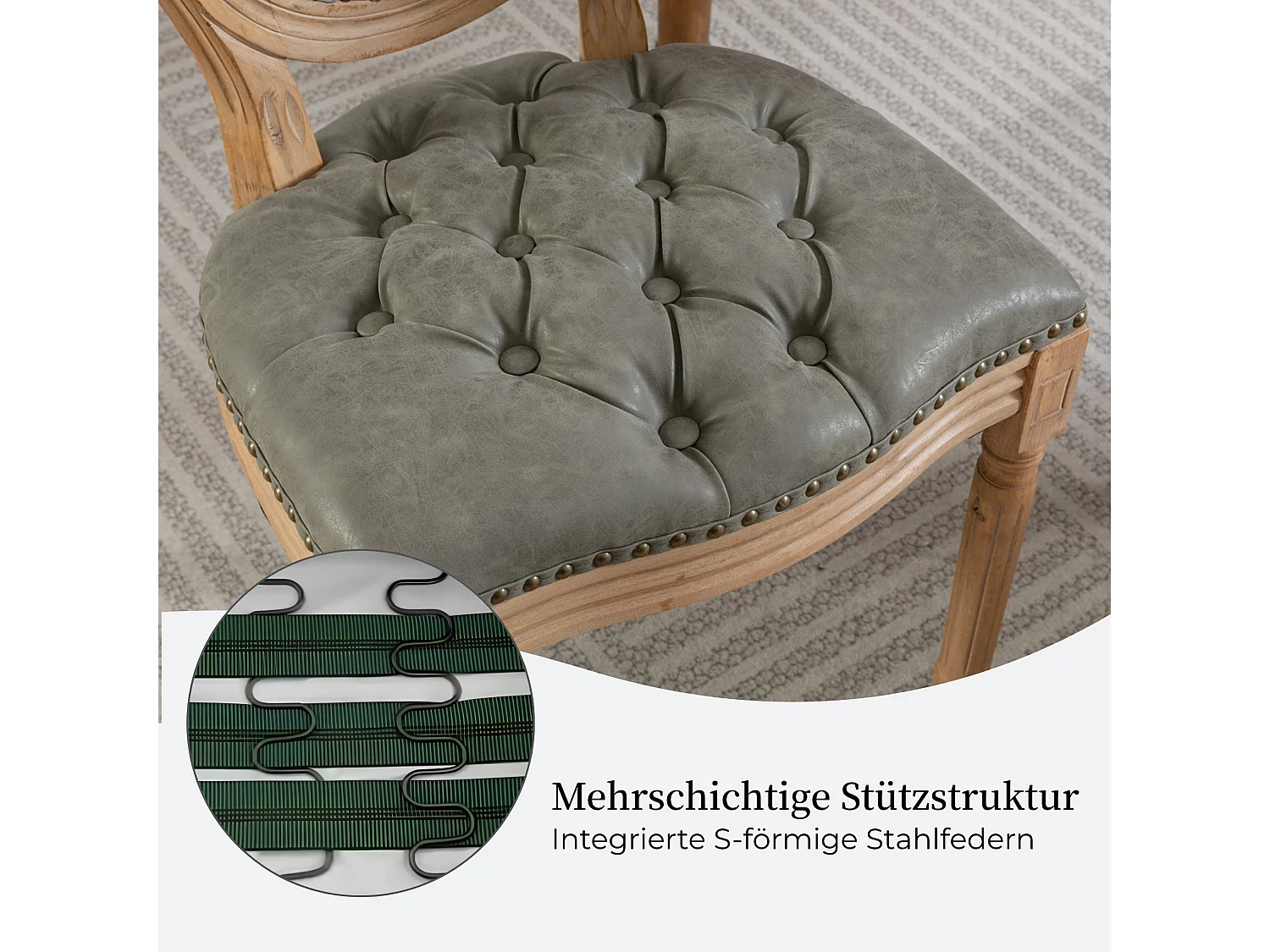 Ensemble de 2 chaises de cuisine rétro avec capitonnage à boutons, rivets décoratifs et cadre en bois massif, style campagnard français