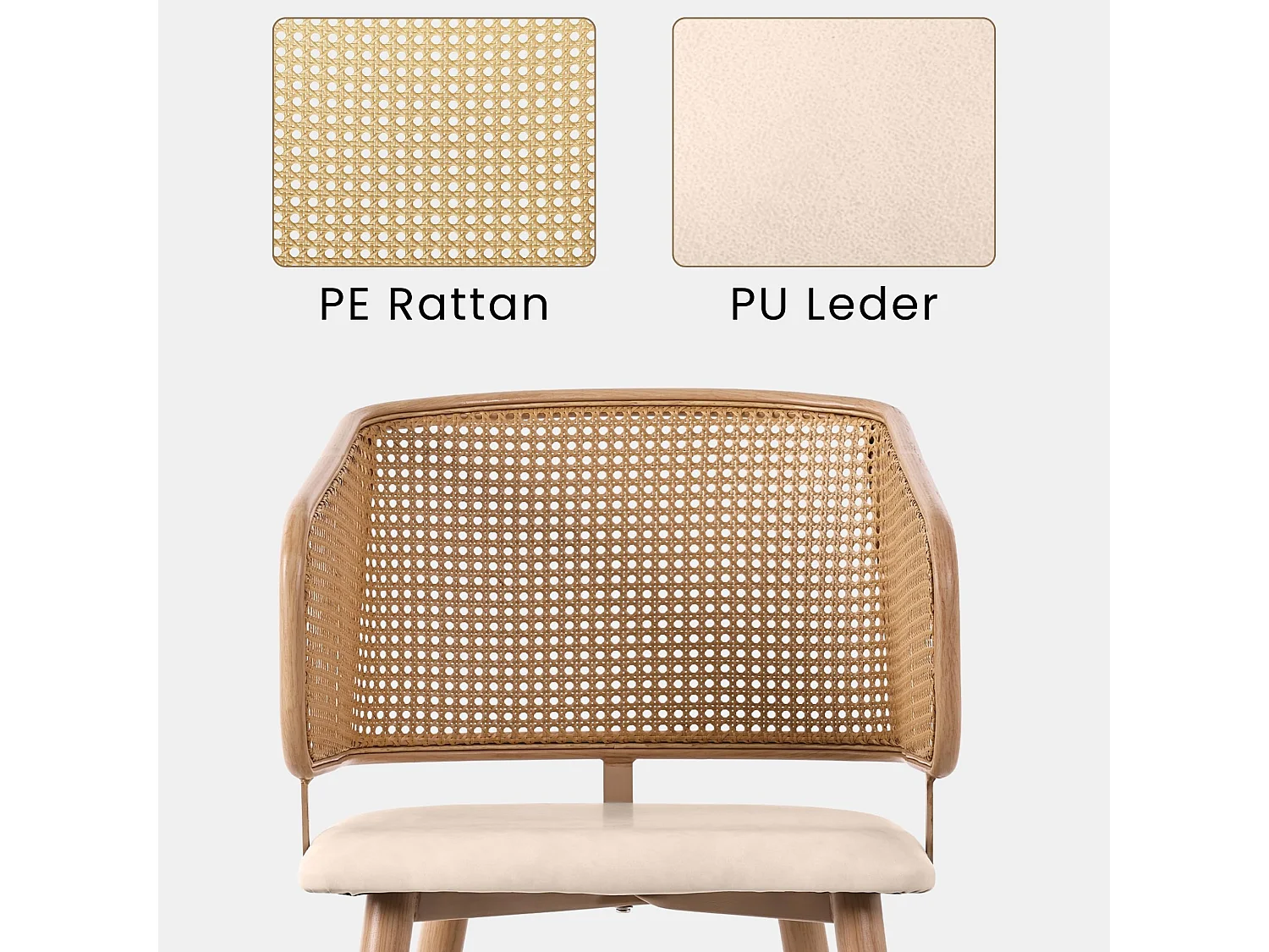 Ensemble de 2 chaises de salle à manger avec dossier en rotin et siège rembourré, cadre en métal, style scandinave