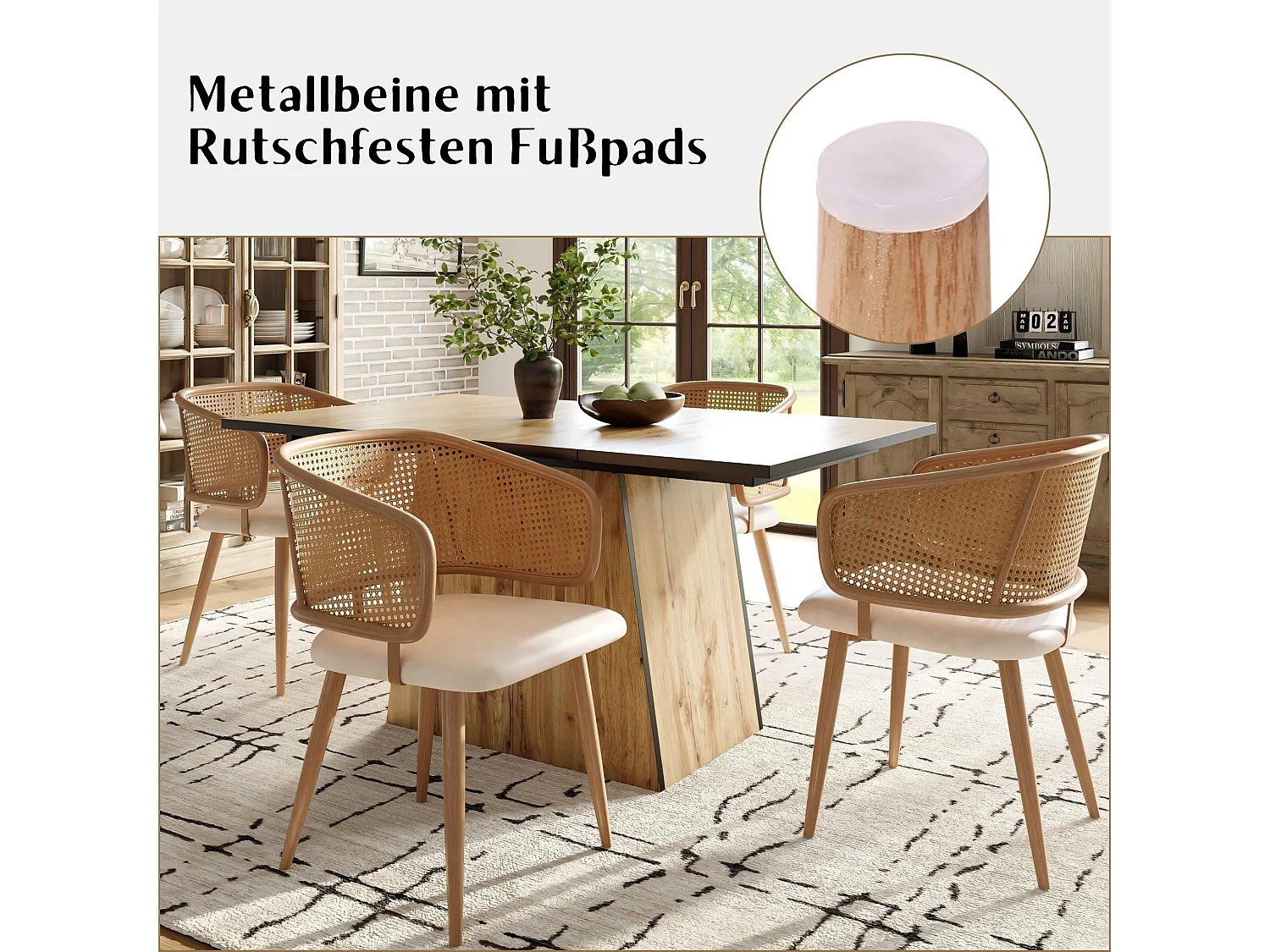 Ensemble de 2 chaises de salle à manger avec dossier en rotin et siège rembourré, cadre en métal, style scandinave