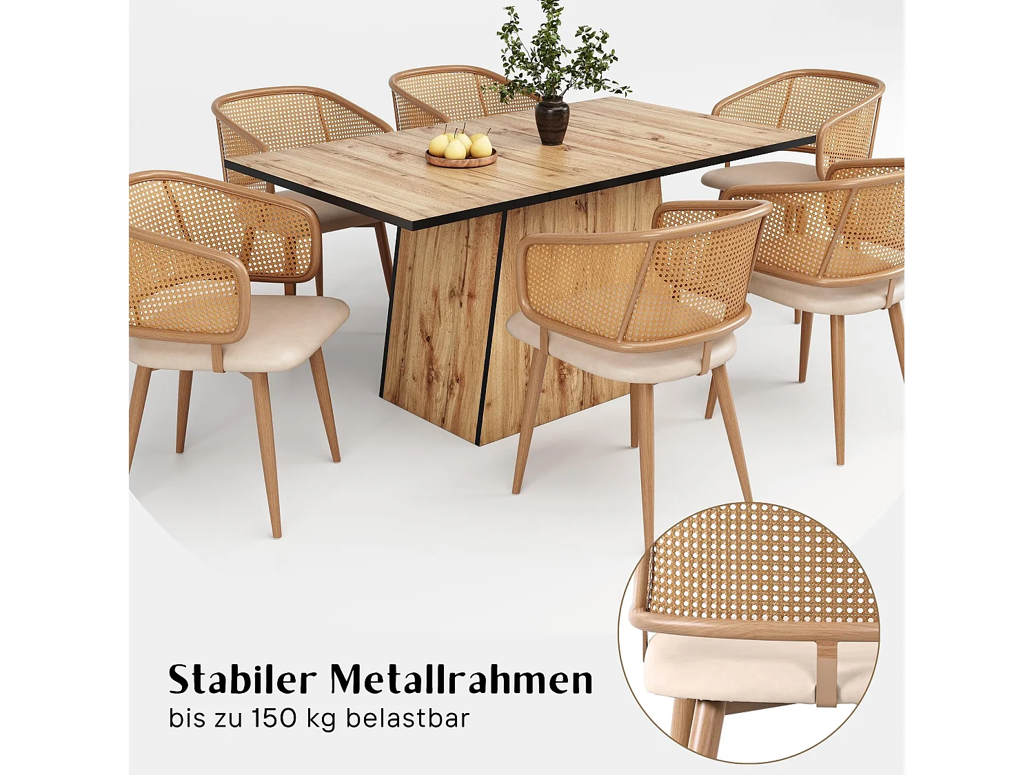 Ensemble de 2 chaises de salle à manger avec dossier en rotin et siège rembourré, cadre en métal, style scandinave