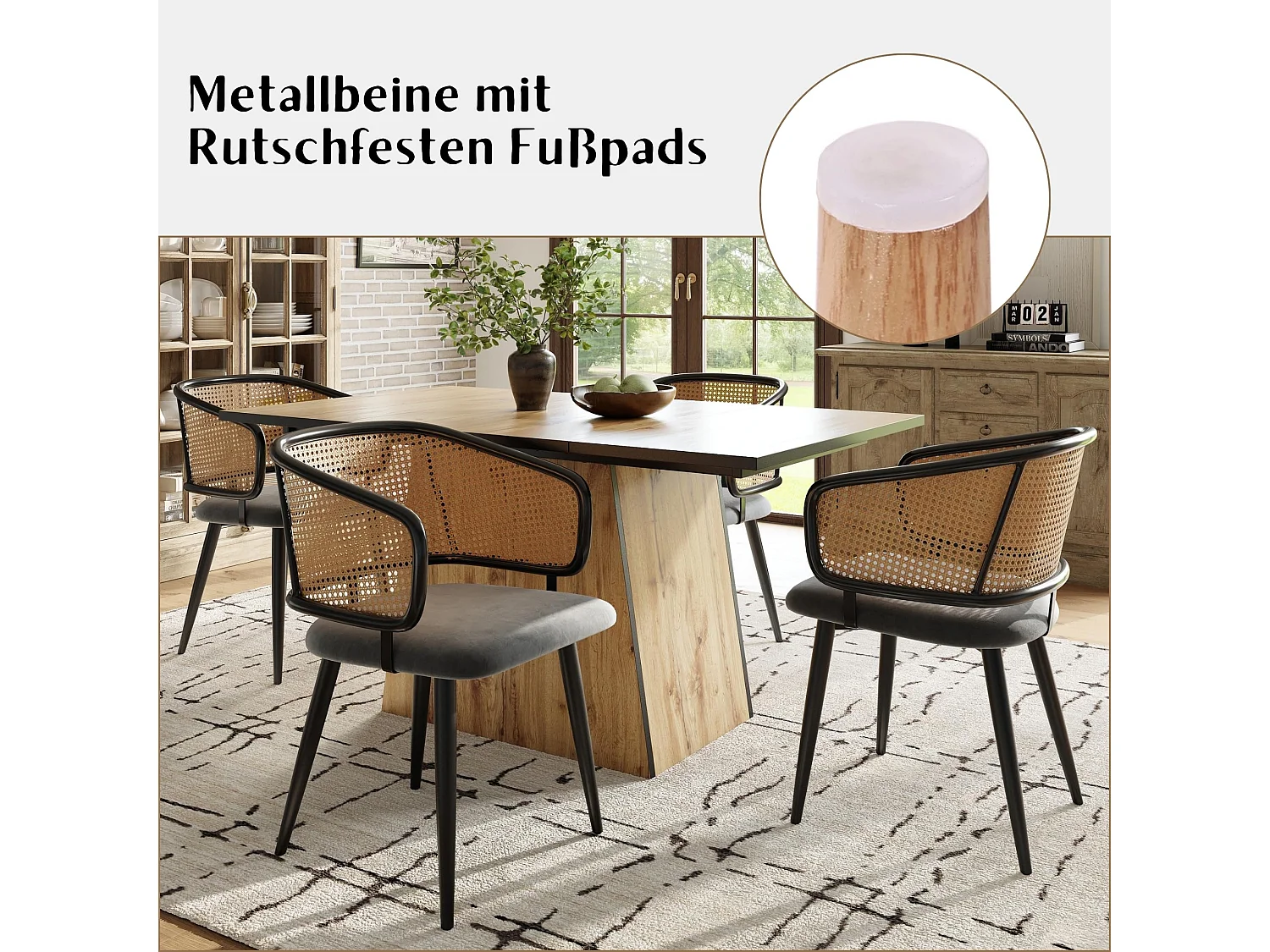 Esszimmerstühle 2er Set, Küchenstuhl mit Rattan-Rückenlehne, gepolsterter Sitz, Metallrahmen, Metallbeine mit rutschfesten Fußpads, Skandinavischer Stil