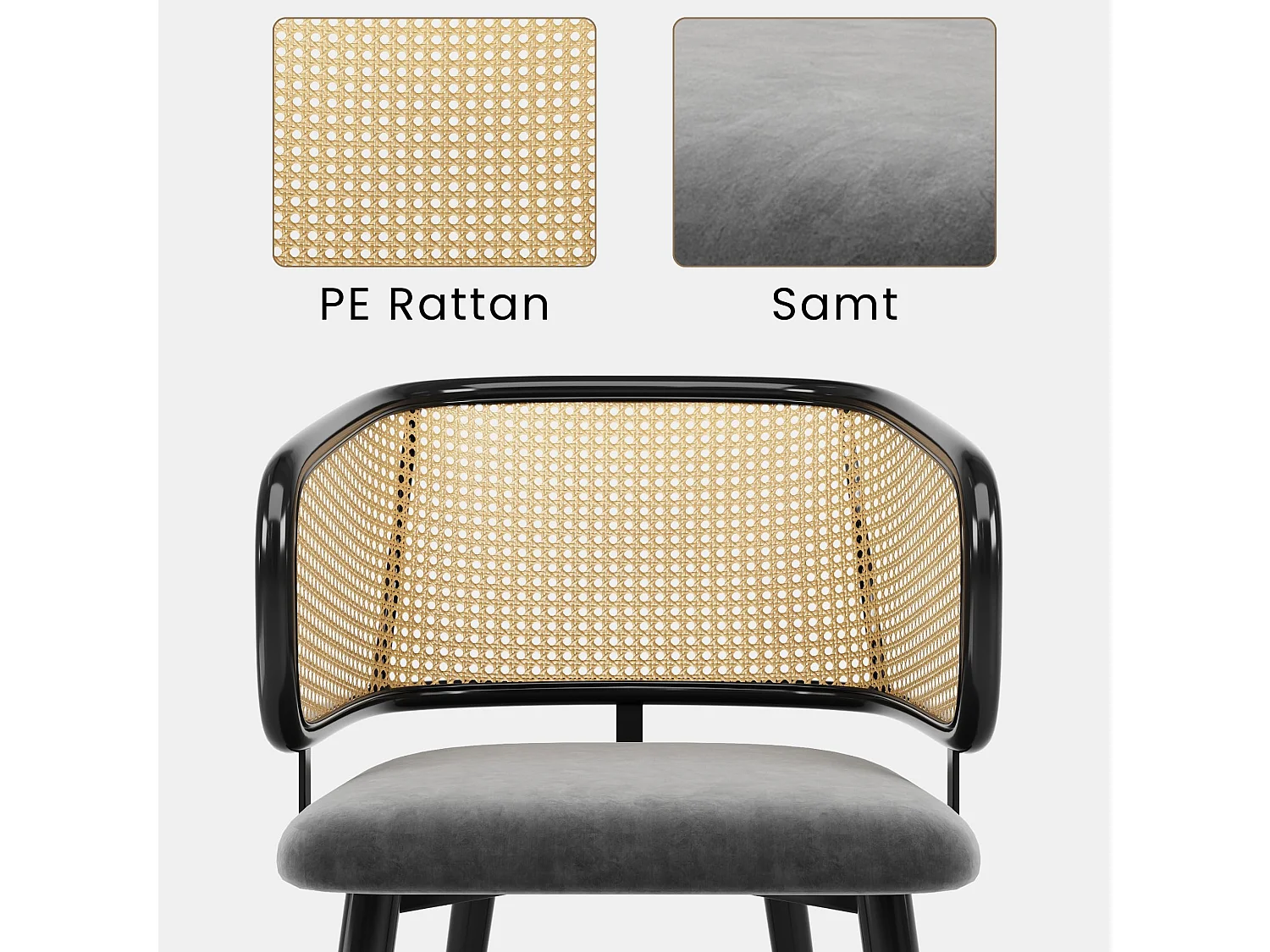 Esszimmerstühle 2er Set, Küchenstuhl mit Rattan-Rückenlehne, gepolsterter Sitz, Metallrahmen, Metallbeine mit rutschfesten Fußpads, Skandinavischer Stil