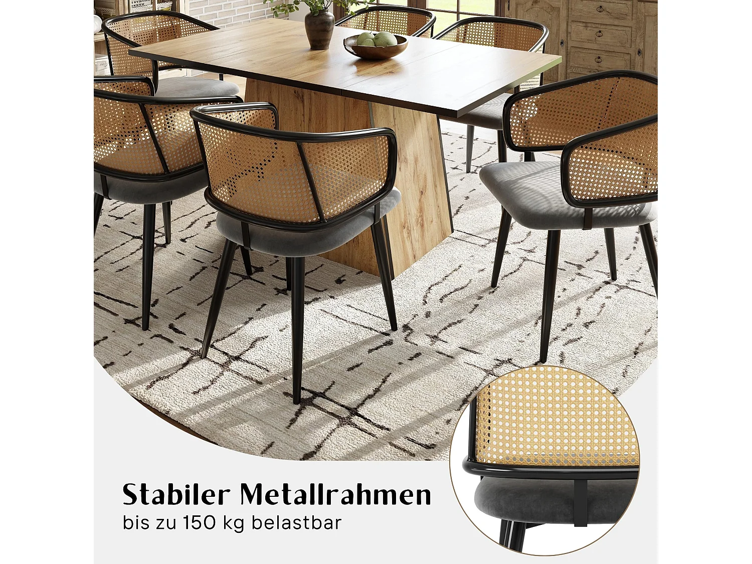 Esszimmerstühle 2er Set, Küchenstuhl mit Rattan-Rückenlehne, gepolsterter Sitz, Metallrahmen, Metallbeine mit rutschfesten Fußpads, Skandinavischer Stil