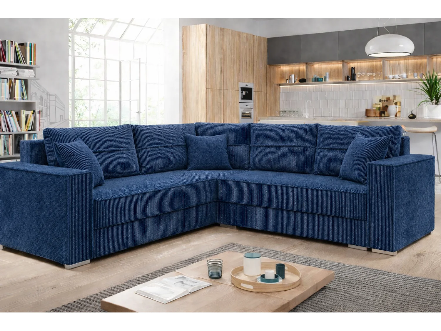 Couchgarnitur PARIS – Wohnlandschaft L-Form mit Schlaffunktion & Bettkasten Flauschiger Cord Stoff POSO Blau