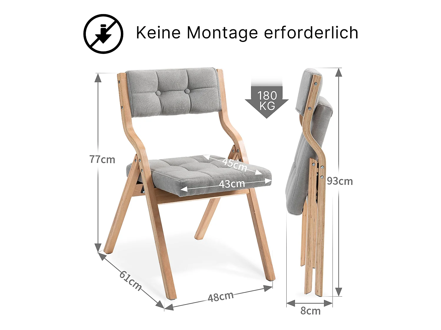 2er Set Esszimmerstühle Gepolsterte Klappstühle mit Holzfüßen, im nordischen Stil, Rückenlehne mit 110° Neigungswinkel, montagefrei