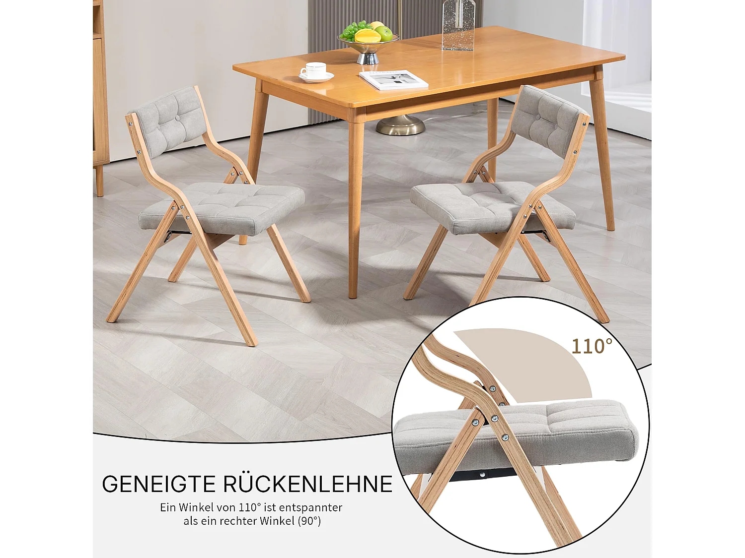 2er Set Esszimmerstühle Gepolsterte Klappstühle mit Holzfüßen, im nordischen Stil, Rückenlehne mit 110° Neigungswinkel, montagefrei