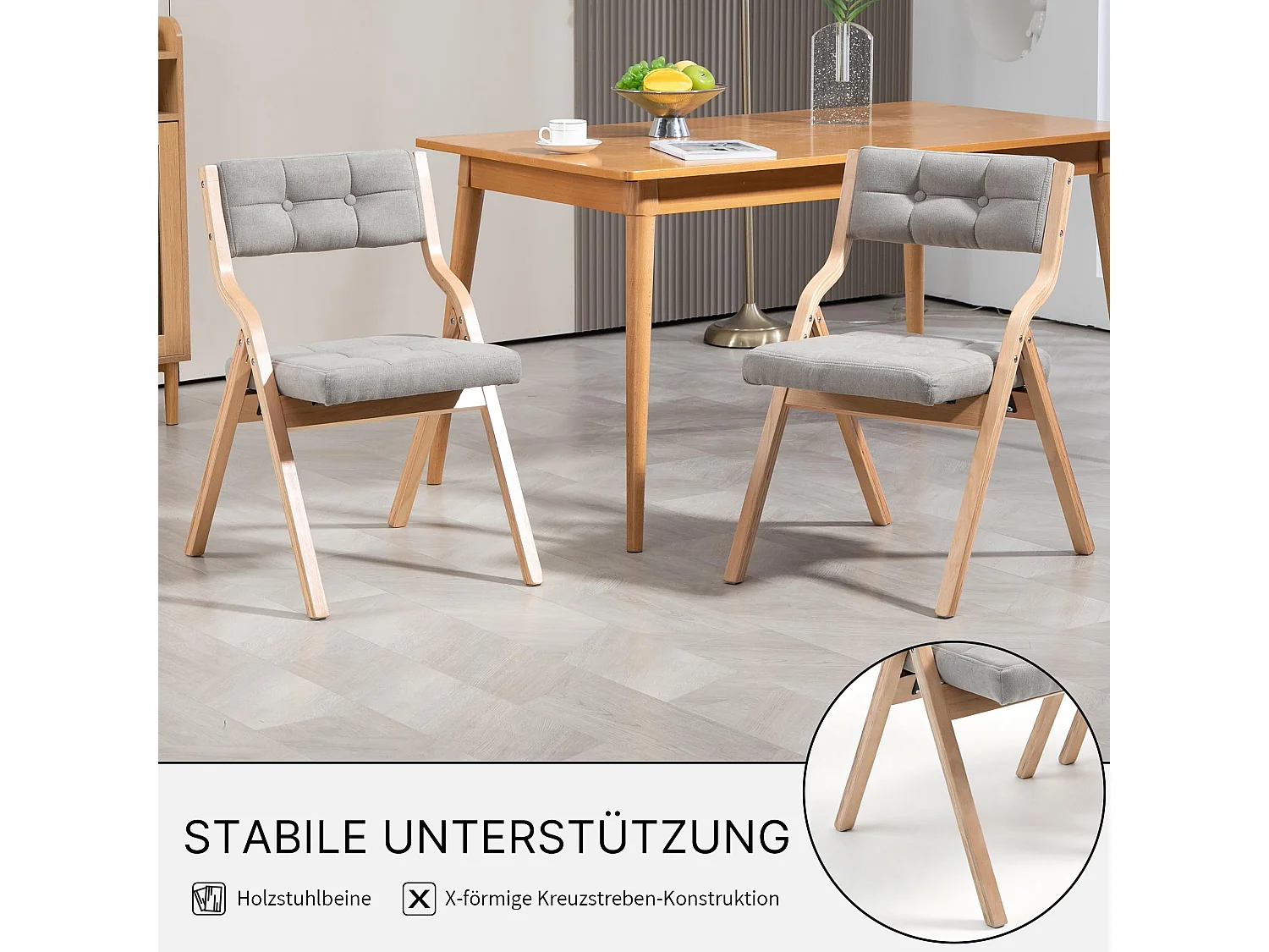 2er Set Esszimmerstühle Gepolsterte Klappstühle mit Holzfüßen, im nordischen Stil, Rückenlehne mit 110° Neigungswinkel, montagefrei