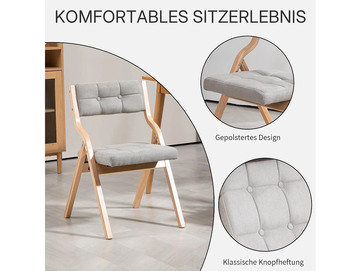 2er Set Esszimmerstühle Gepolsterte Klappstühle mit Holzfüßen, im nordischen Stil, Rückenlehne mit 110° Neigungswinkel, montagefrei