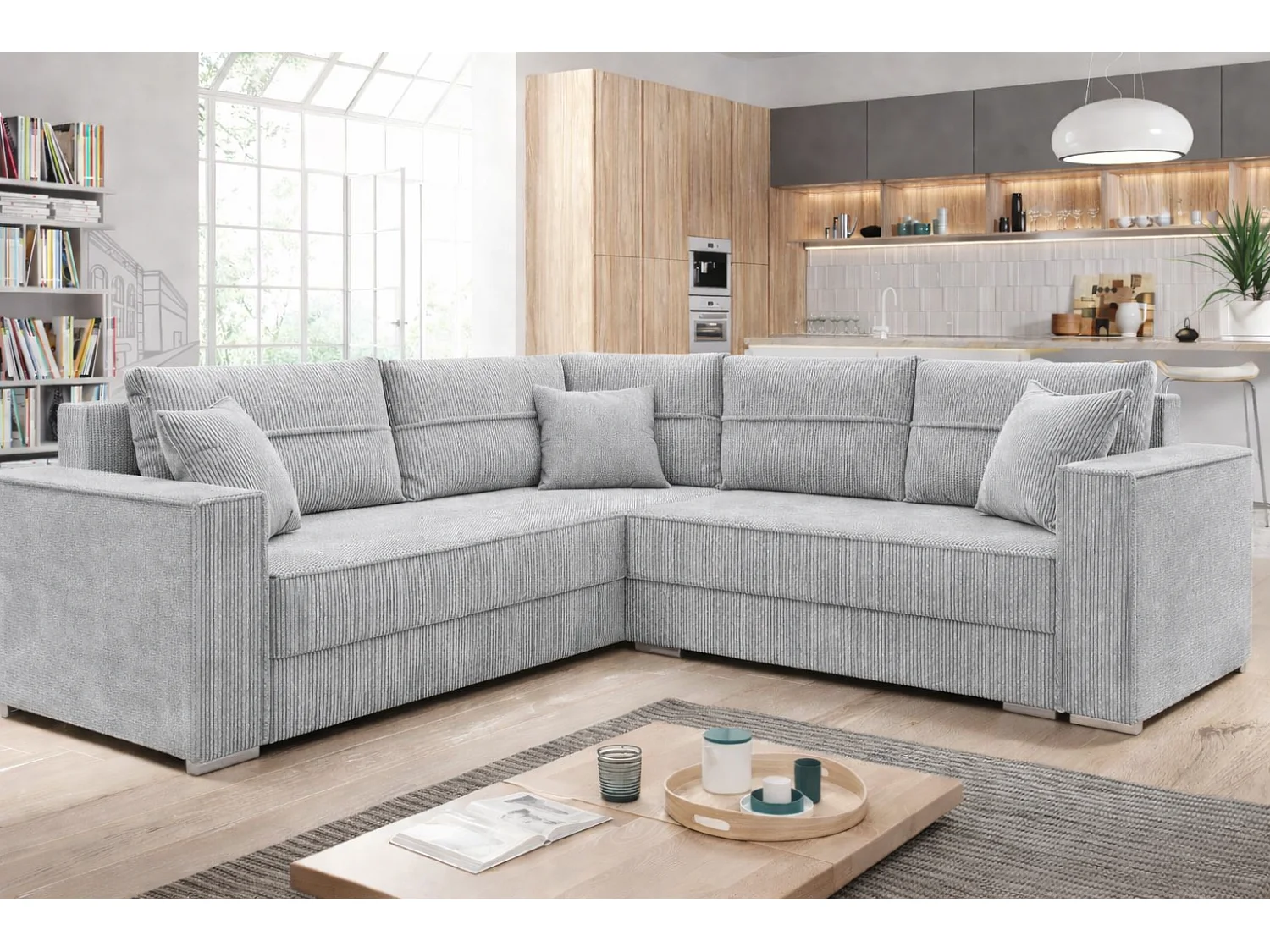 Couchgarnitur PARIS – Wohnlandschaft L-Form mit Schlaffunktion & Bettkasten Flauschiger Cord Stoff POSO Grau
