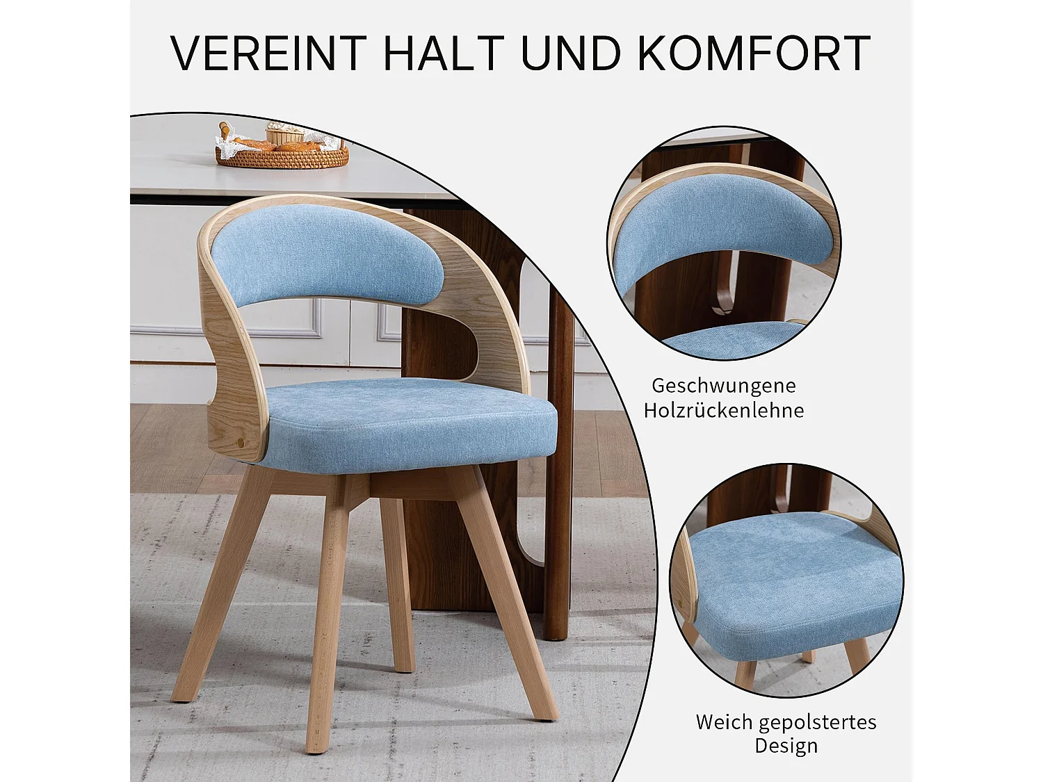 Ensemble de 2 Chaises de Cuisine avec Siège Pivotant, Pieds en Bois Réglables, Chaise Rembourrée avec Dossier Courbé