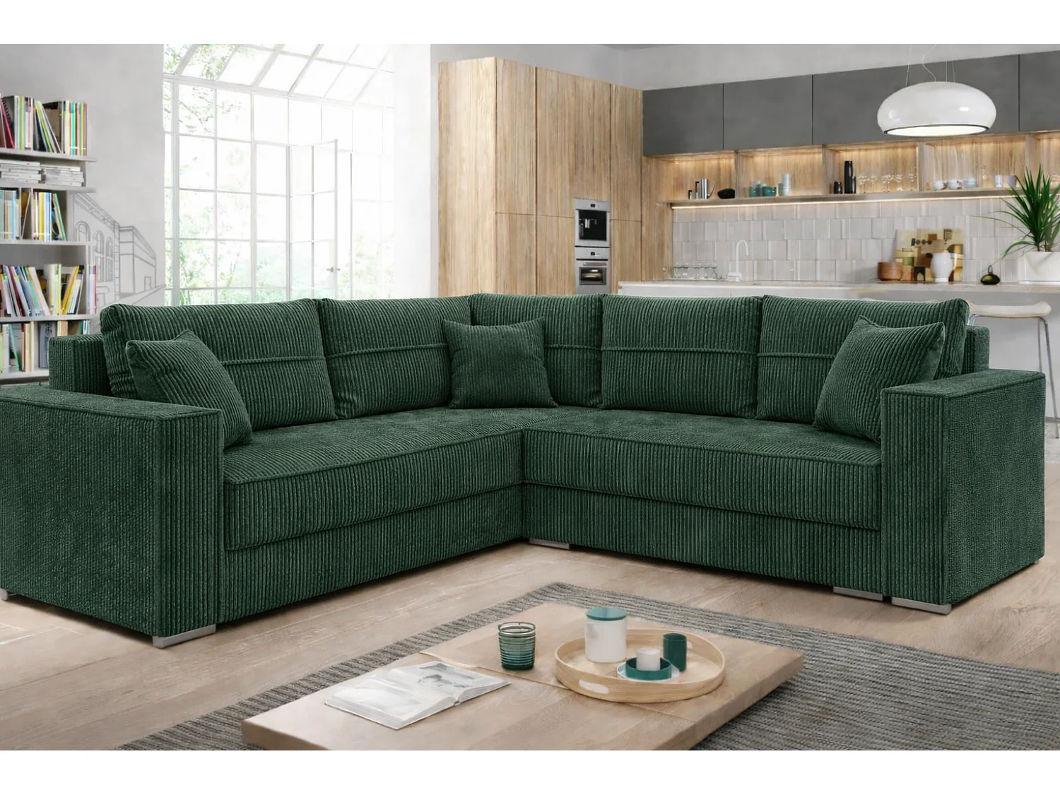 Couchgarnitur PARIS – Wohnlandschaft L-Form mit Schlaffunktion & Bettkasten Flauschiger Cord Stoff POSO Grün