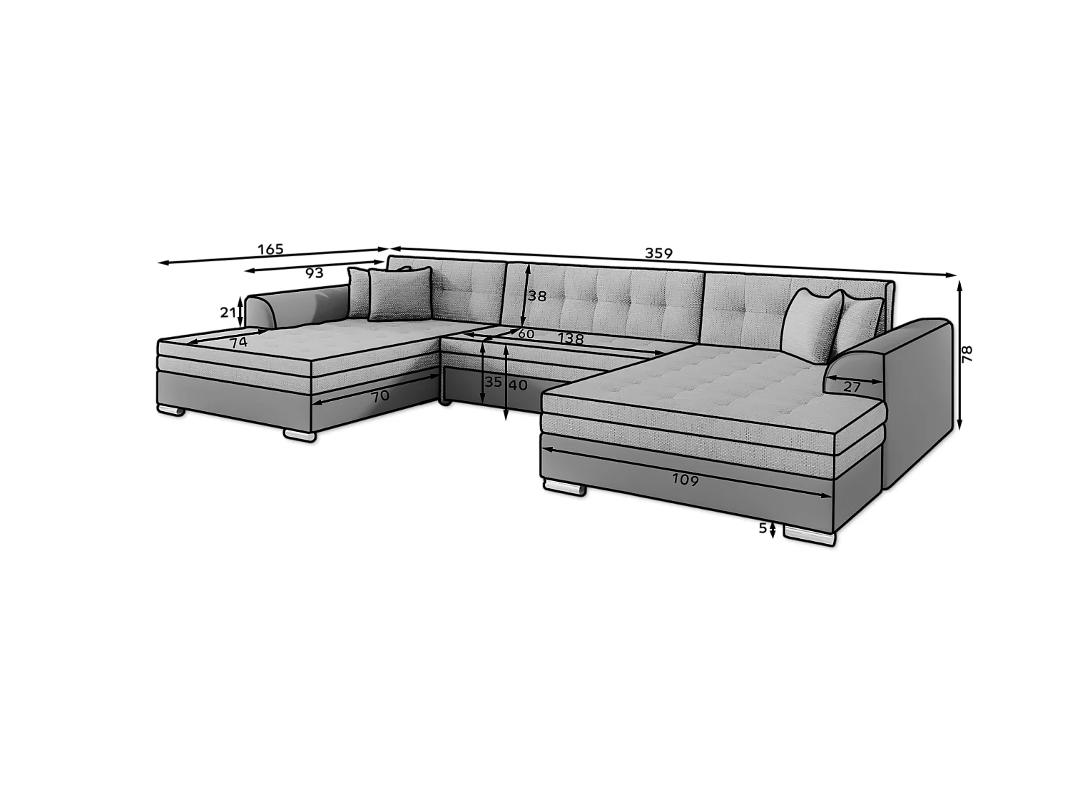 Wohnlandschaft VENTO U-Form – Großzügiges Ecksofa mit Schlaffunktion & Kissen 359 cm