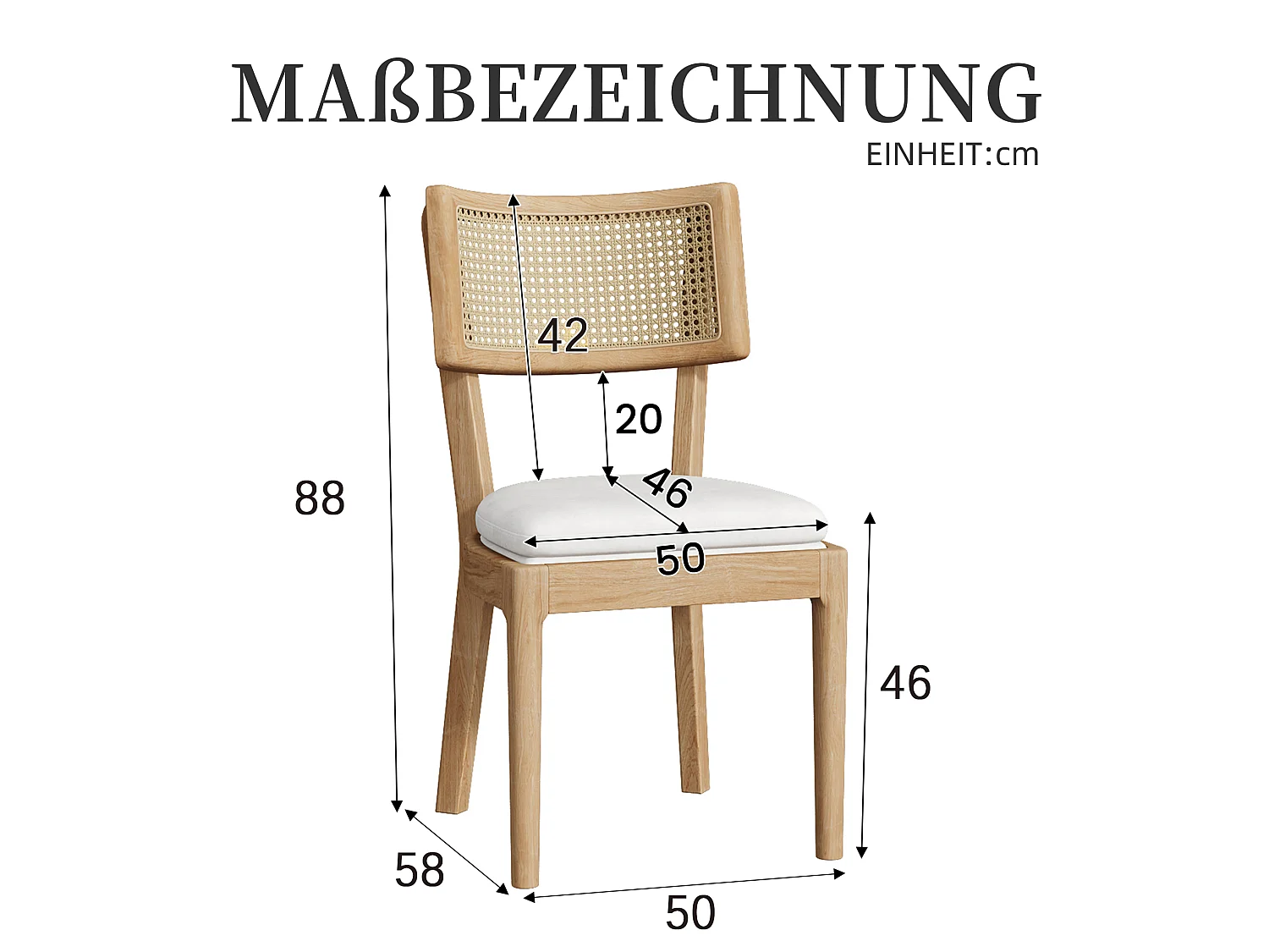 Ensemble de 2 chaises de cuisine en bois massif avec dossier en rotin et coussin d'assise en lin