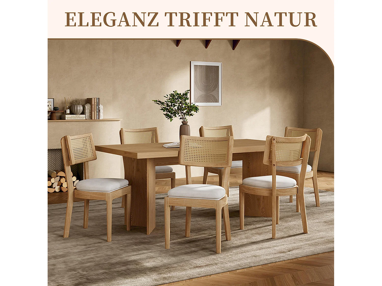 Ensemble de 2 chaises de cuisine en bois massif avec dossier en rotin et coussin d'assise en lin