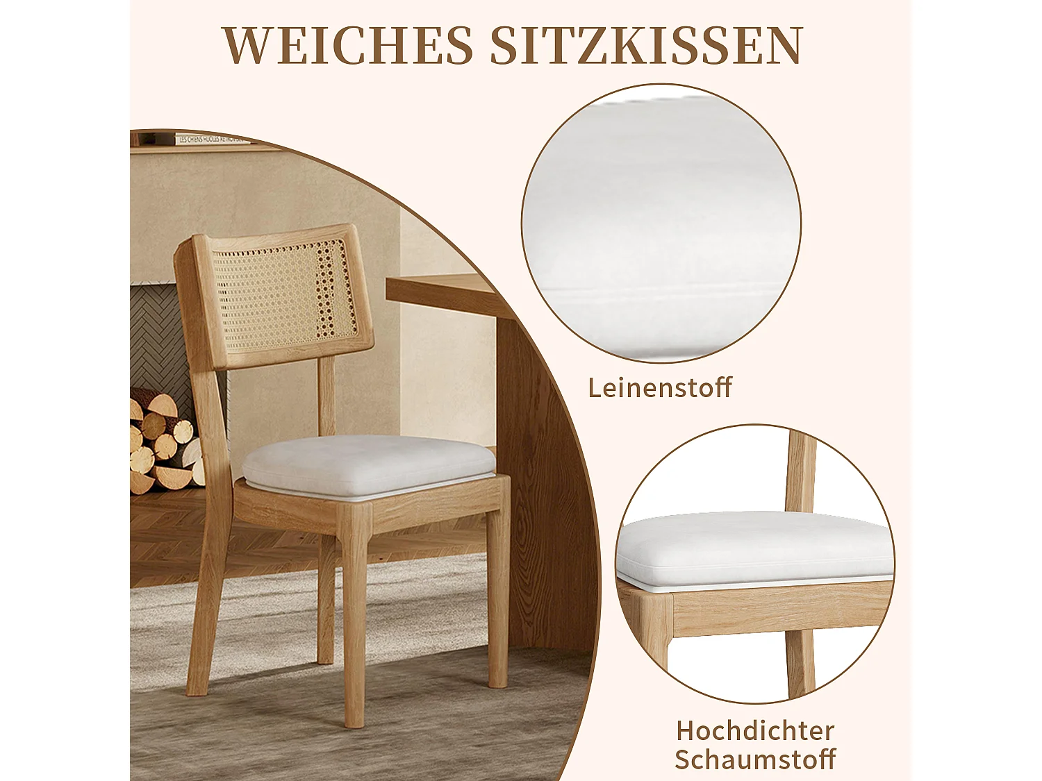 Ensemble de 2 chaises de cuisine en bois massif avec dossier en rotin et coussin d'assise en lin