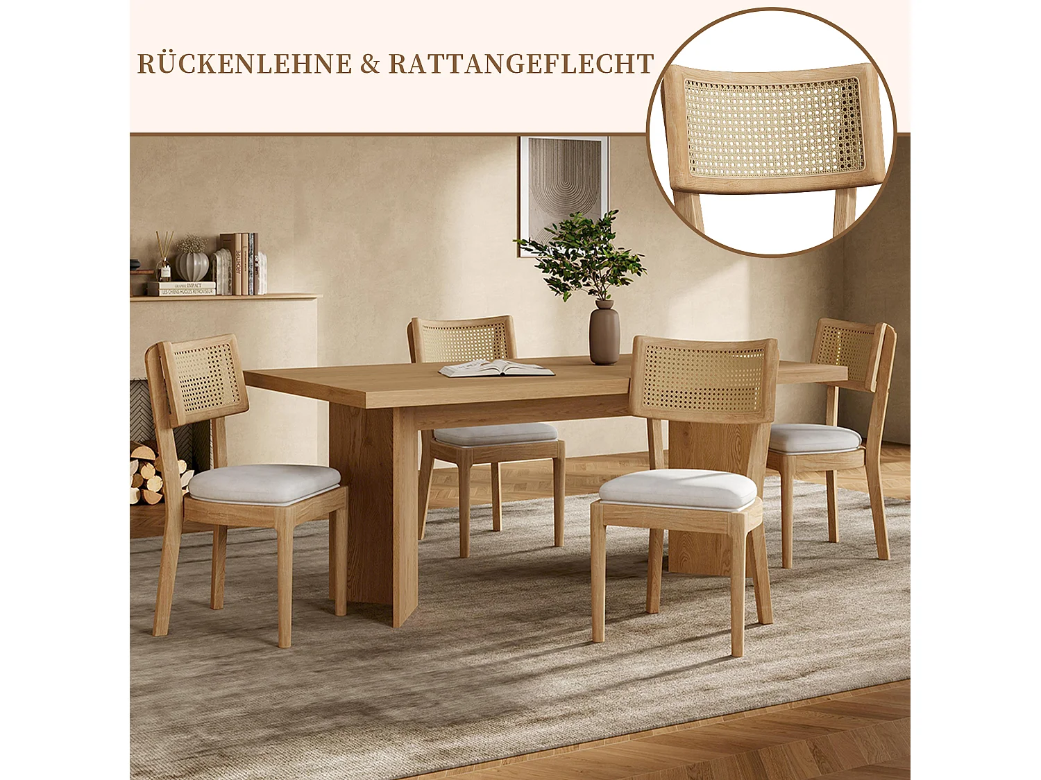 Ensemble de 2 chaises de cuisine en bois massif avec dossier en rotin et coussin d'assise en lin