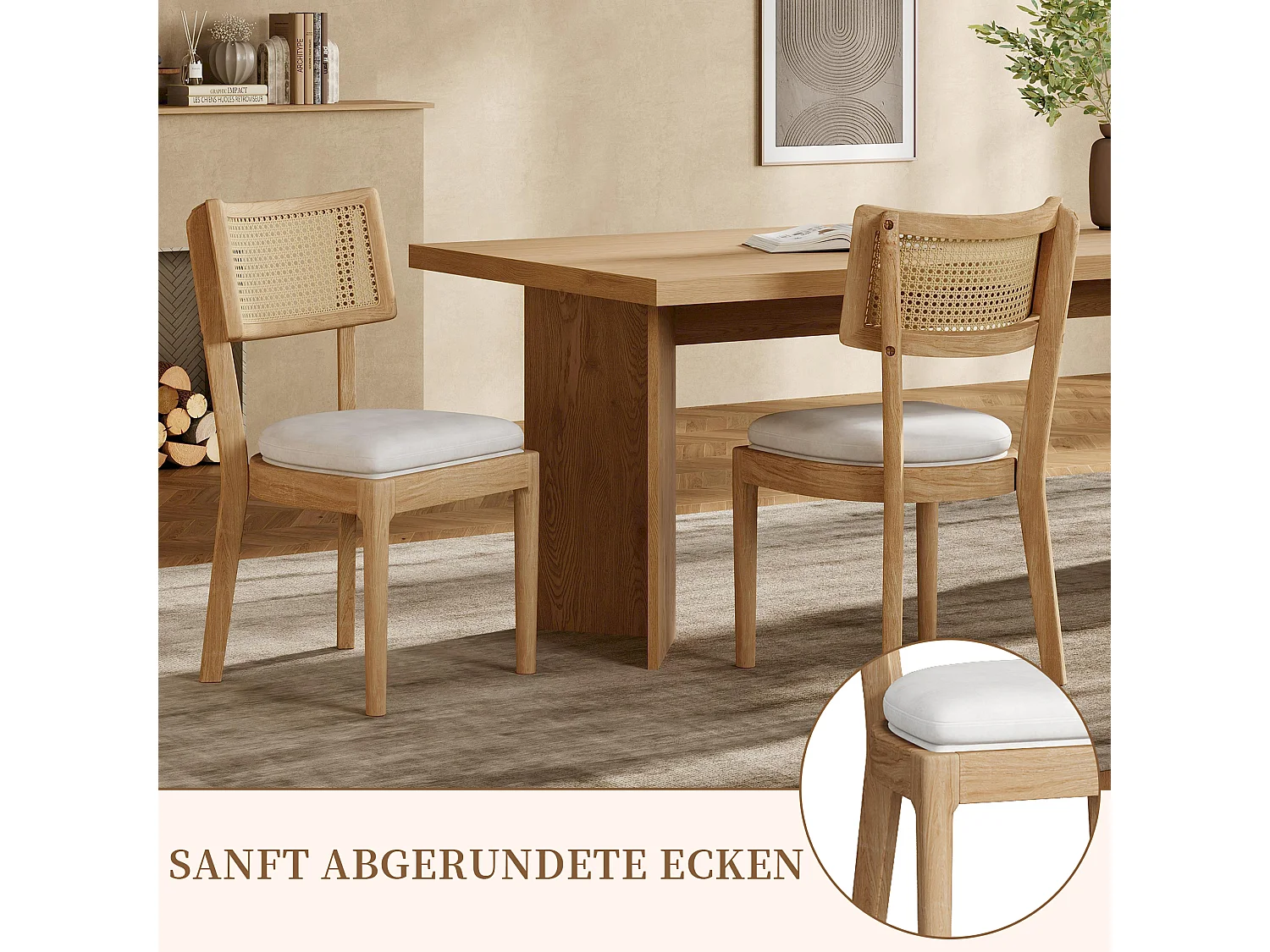 Ensemble de 2 chaises de cuisine en bois massif avec dossier en rotin et coussin d'assise en lin