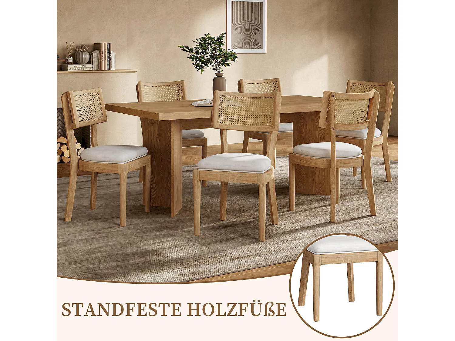 Ensemble de 2 chaises de cuisine en bois massif avec dossier en rotin et coussin d'assise en lin