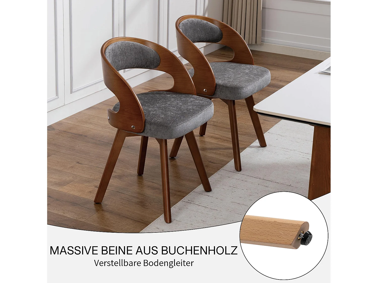 Esszimmerstuhl 2er Set Küchenstuhl mit Drehbarer Sitzfläche, Verstellbaren Holzbeinen, Polsterstuhl mit Geschwungener Rückenlehne