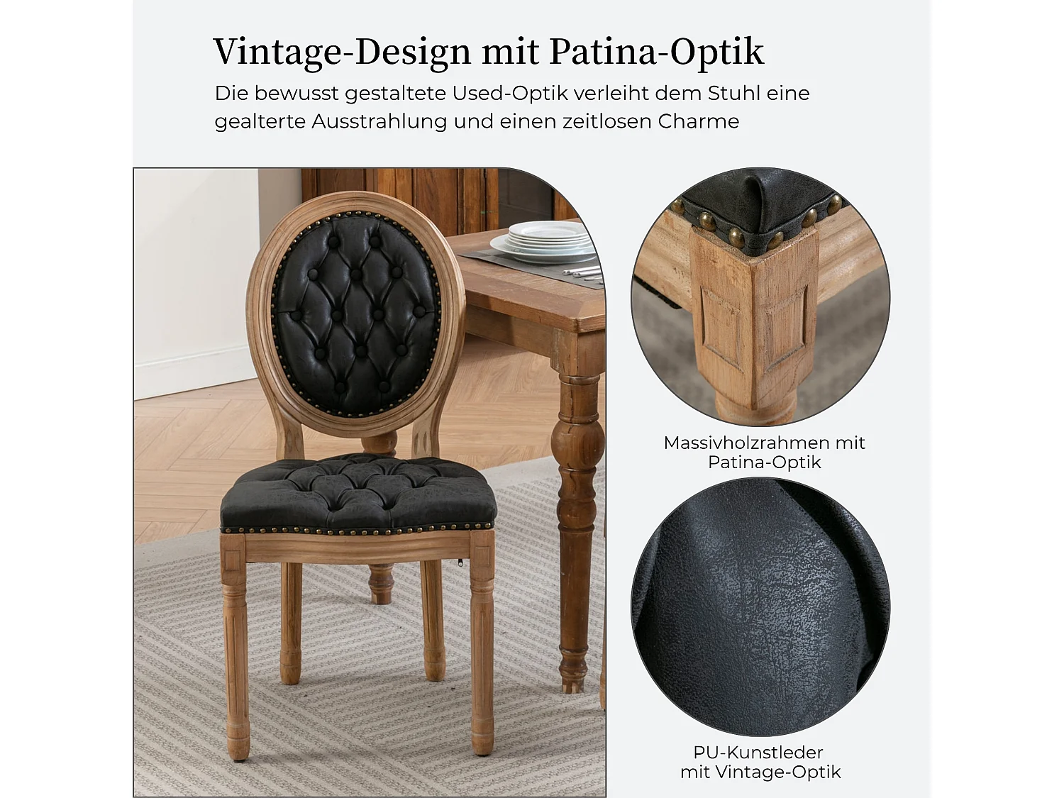 Vintage Franse landelijke stijl eetkamerstoelen set van 2 met knoopstiksels, decoratieve spijkers & massief houten frame