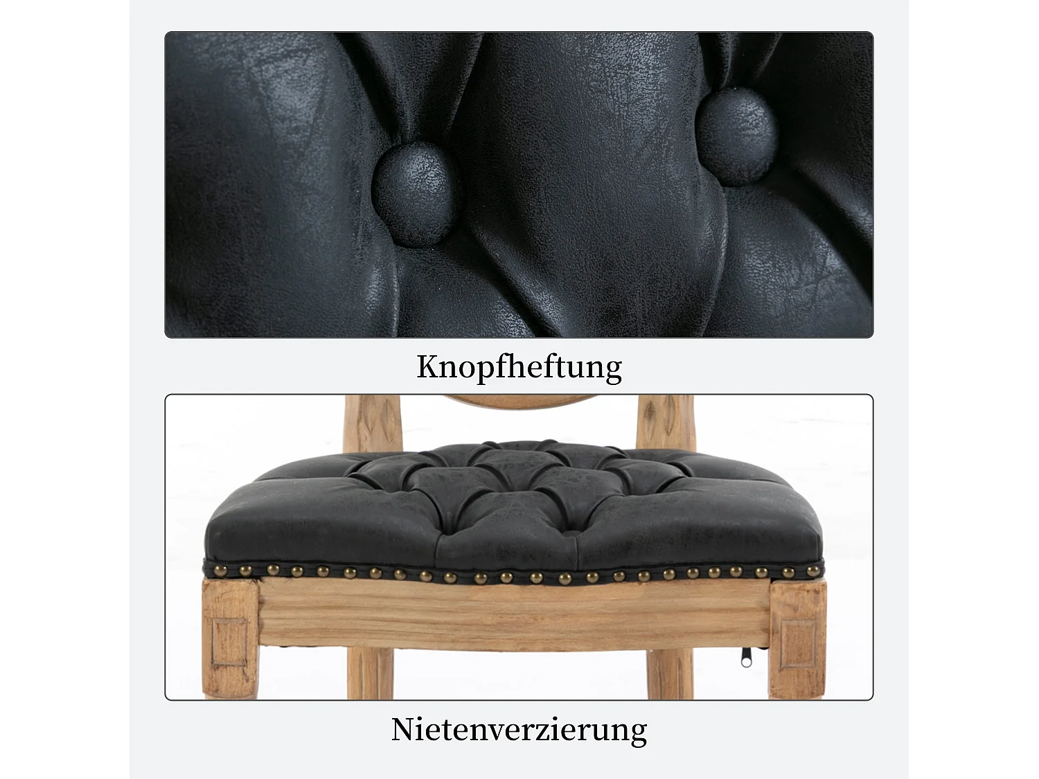 Vintage Franse landelijke stijl eetkamerstoelen set van 2 met knoopstiksels, decoratieve spijkers & massief houten frame