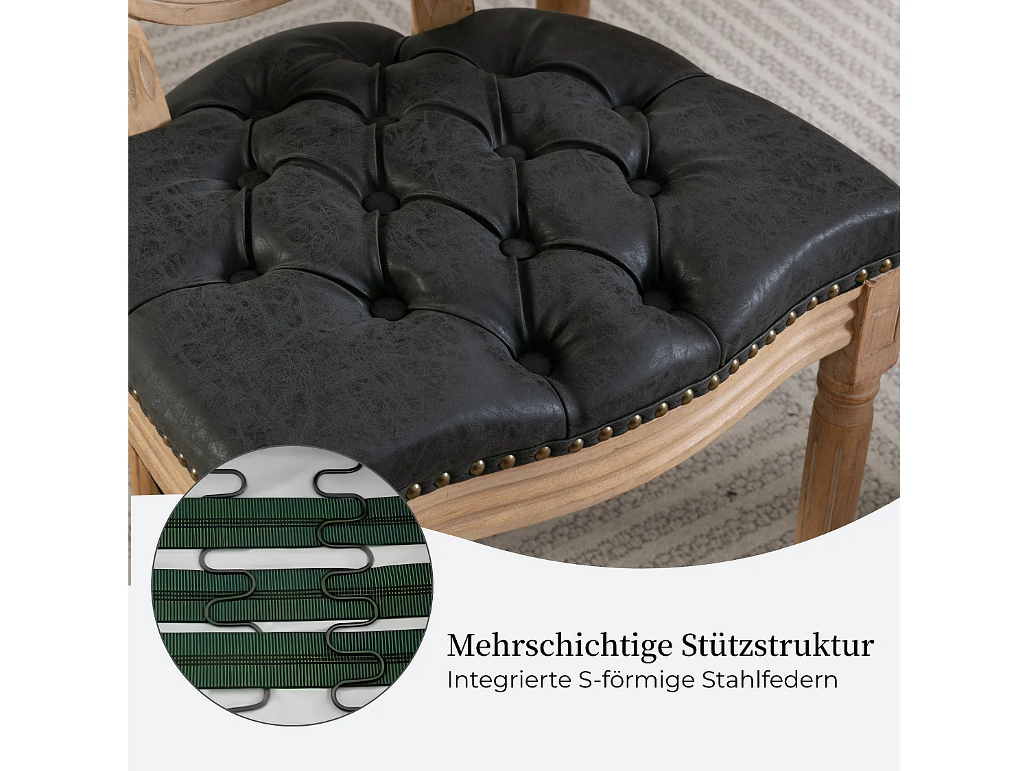 Vintage Franse landelijke stijl eetkamerstoelen set van 2 met knoopstiksels, decoratieve spijkers & massief houten frame
